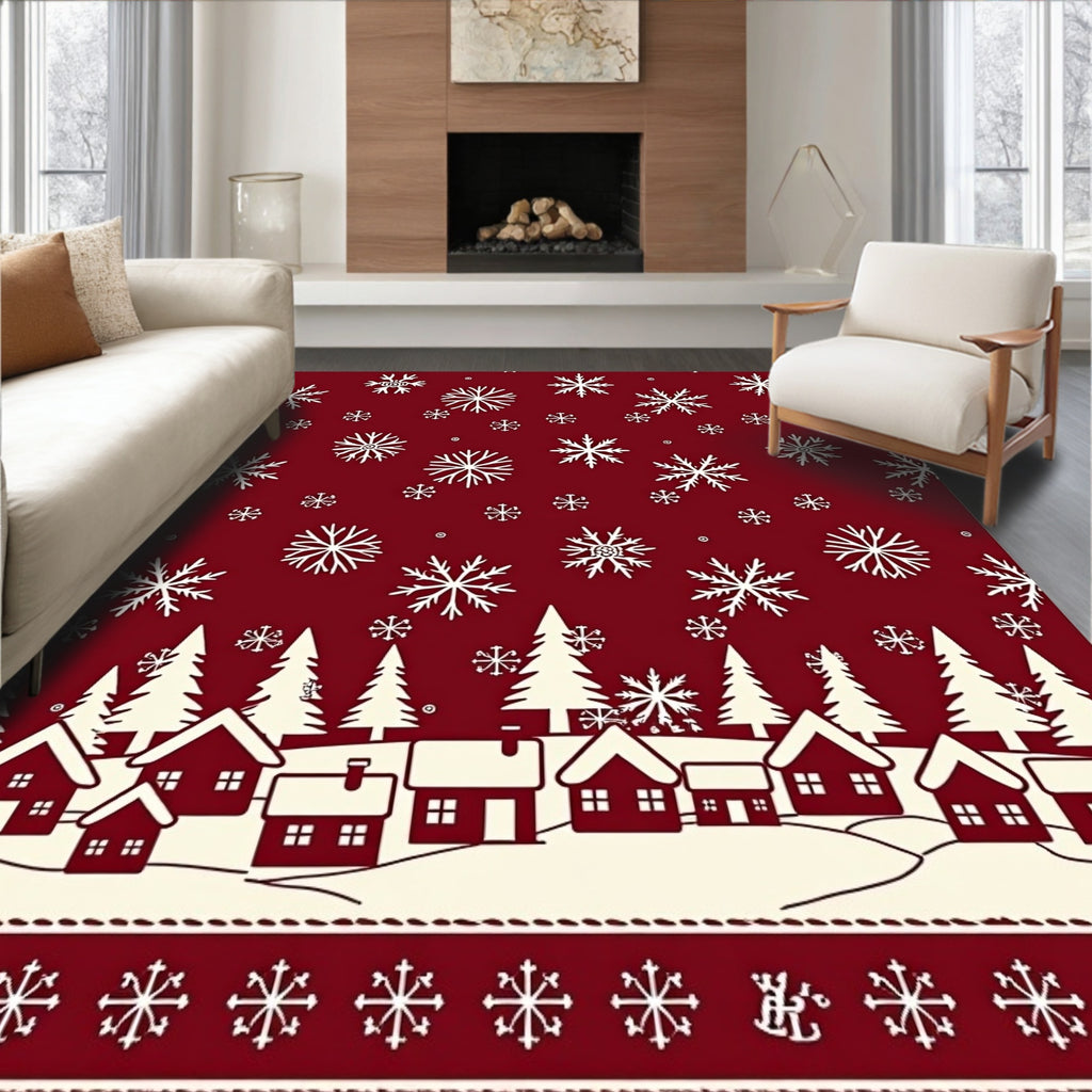 Crimson White Snowflake Village Scene Rug