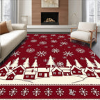 Crimson White Snowflake Village Scene Rug
