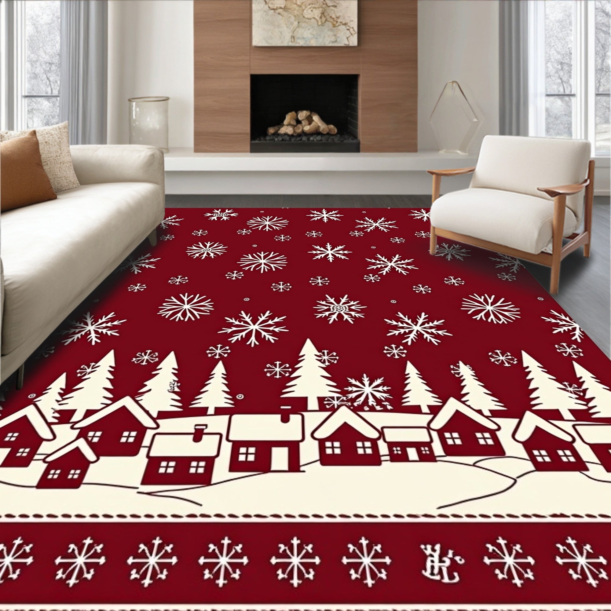 Crimson White Snowflake Village Scene Rug