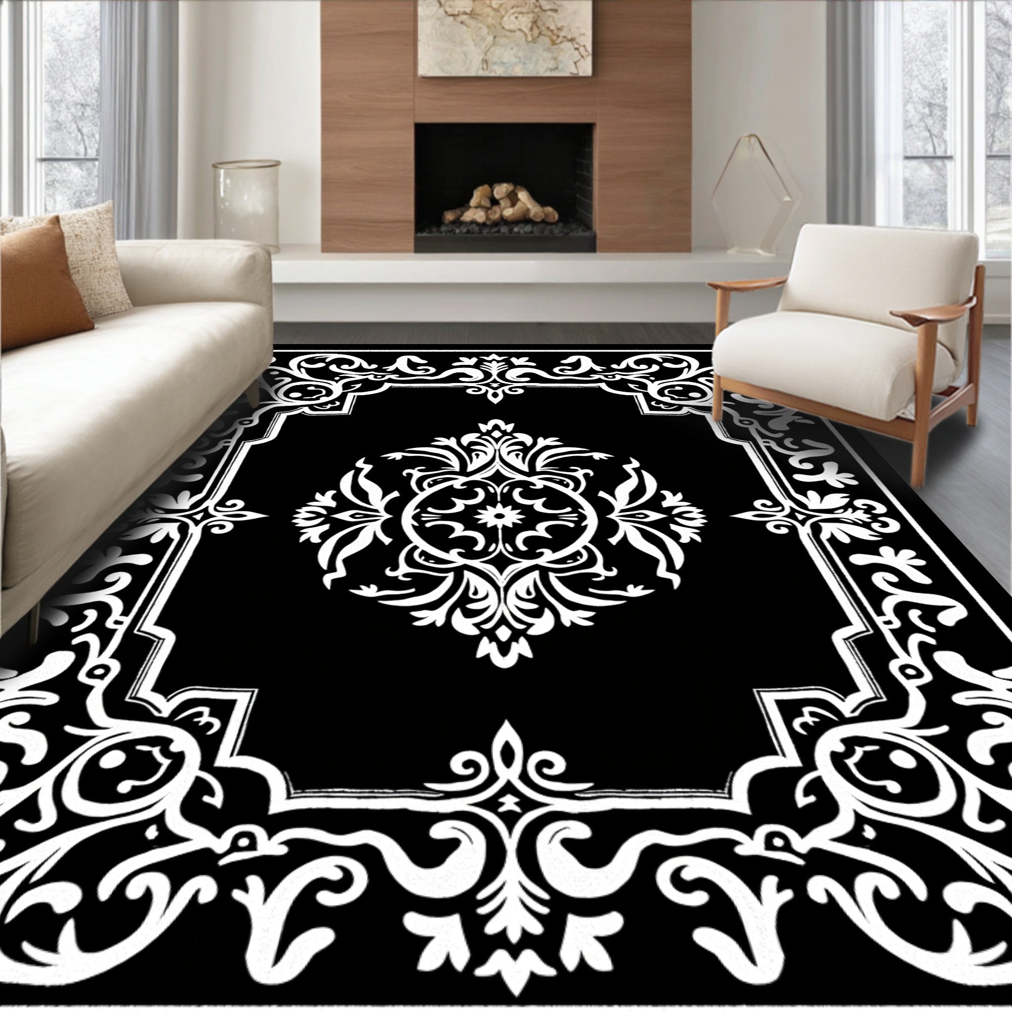 Classic Black White Ornate Frame Rug