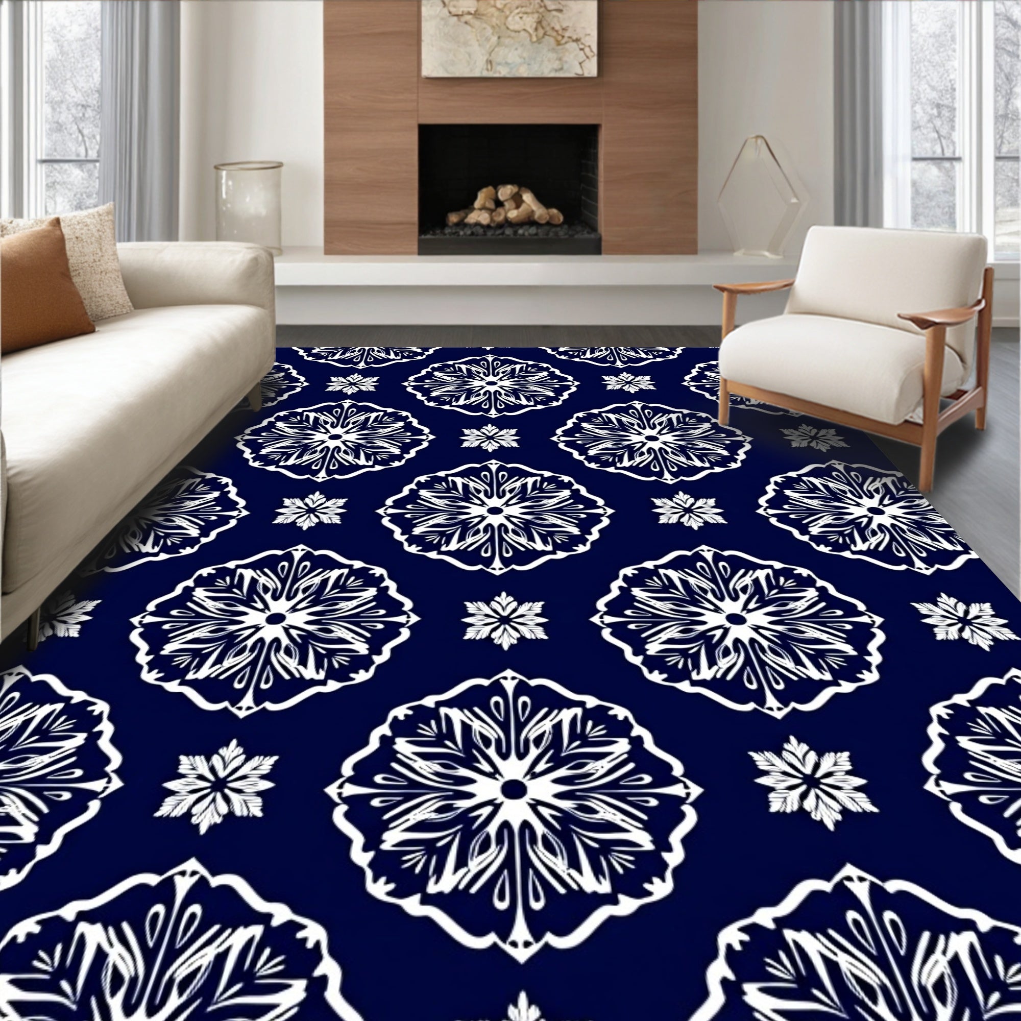 Classic White Medallion Navy Rug