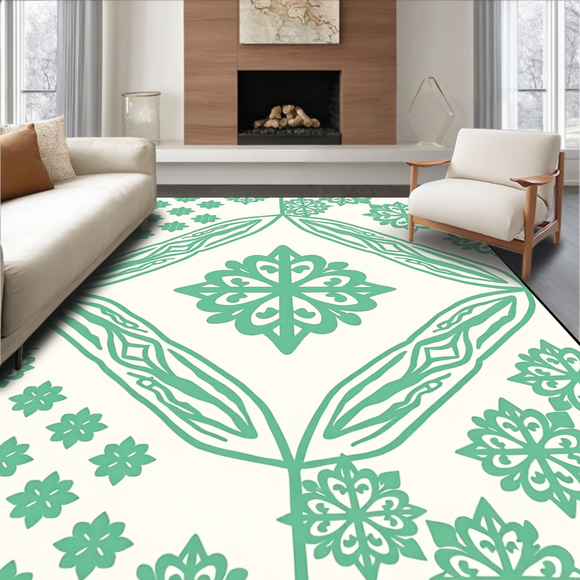 Mint Green Floral Geometric Medallion Rug