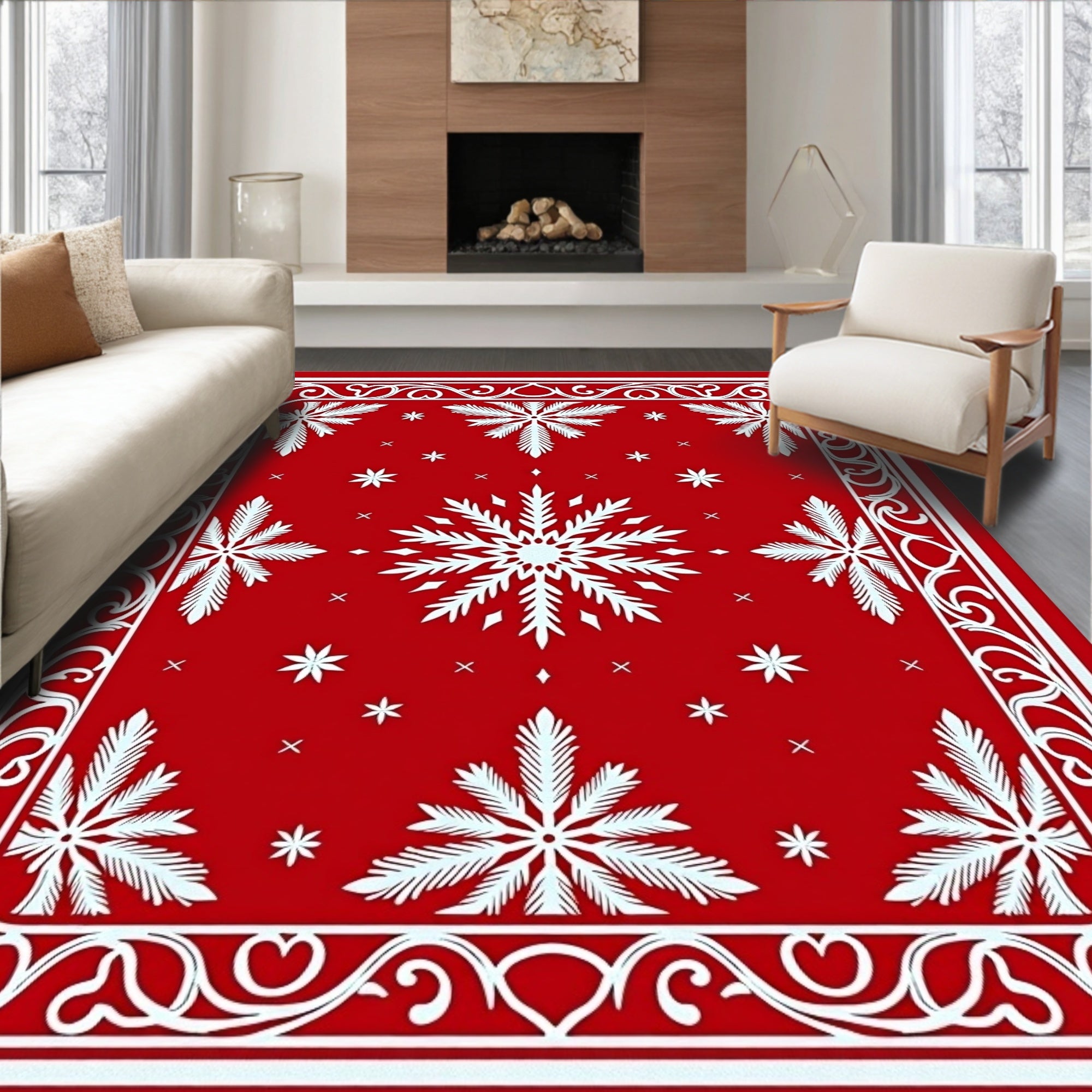 Classic Red Snowflake Scroll Rug