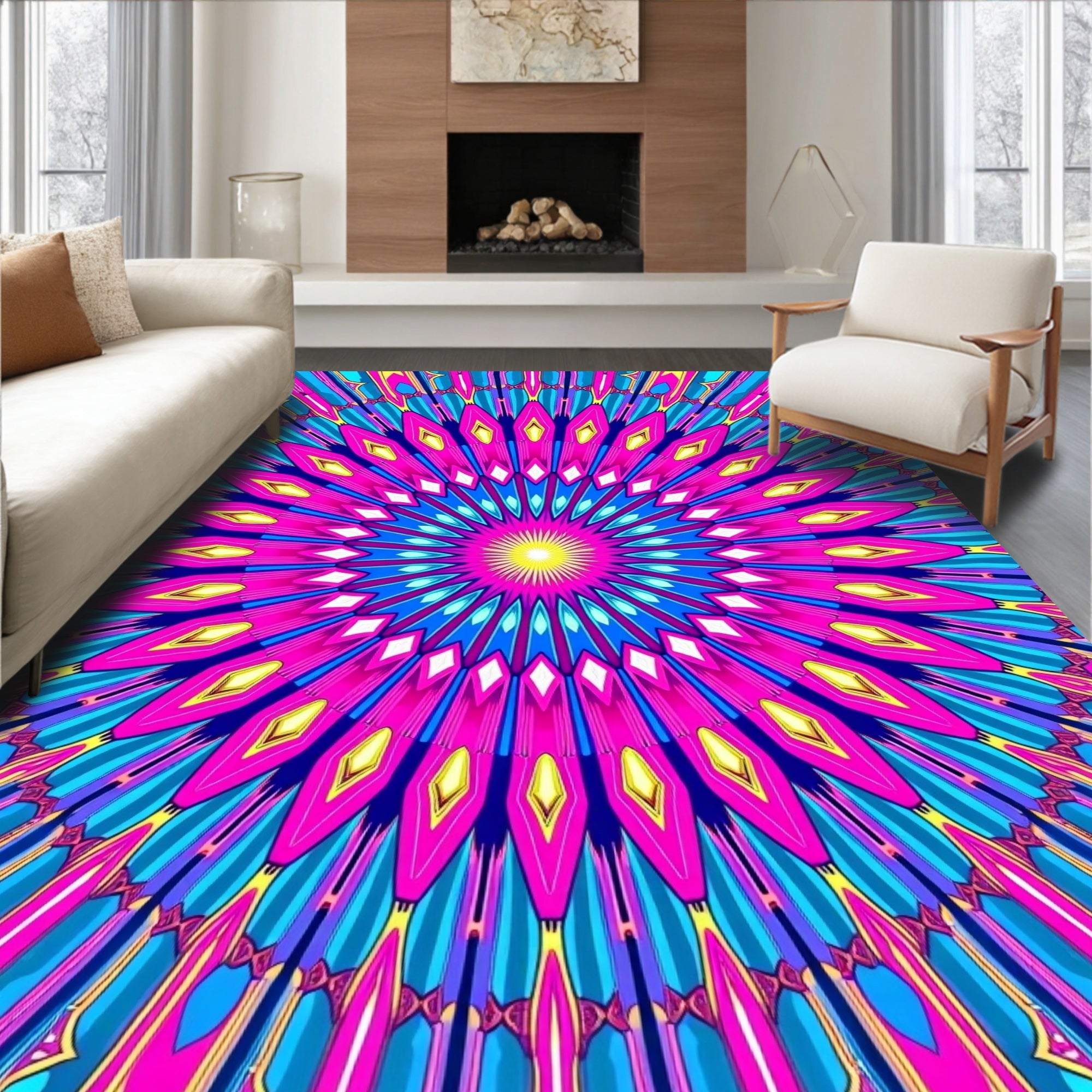 Vibrant Teal Pink Sunburst Mandala Rug
