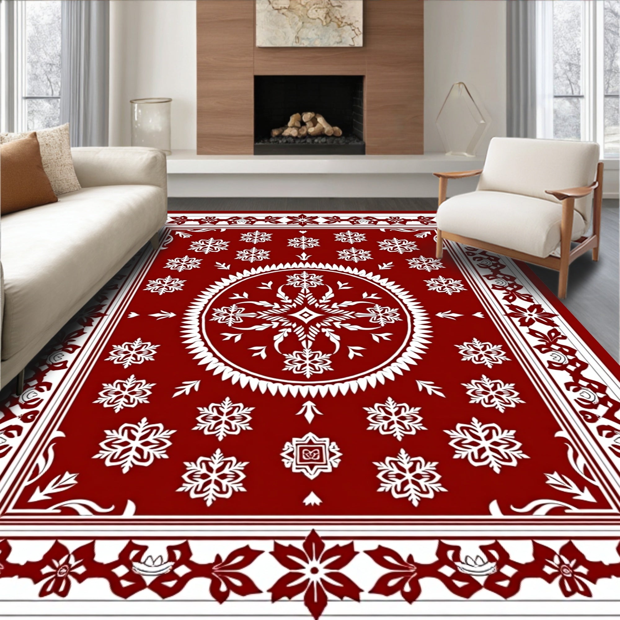 Crimson White Floral Medallion Border Rug