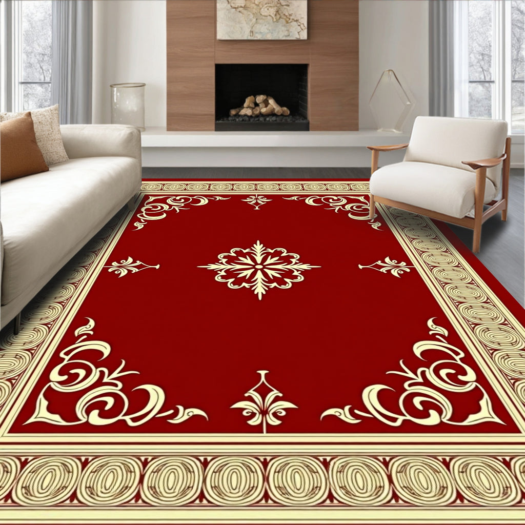 Crimson Ivory Ornate Scrollwork Rug