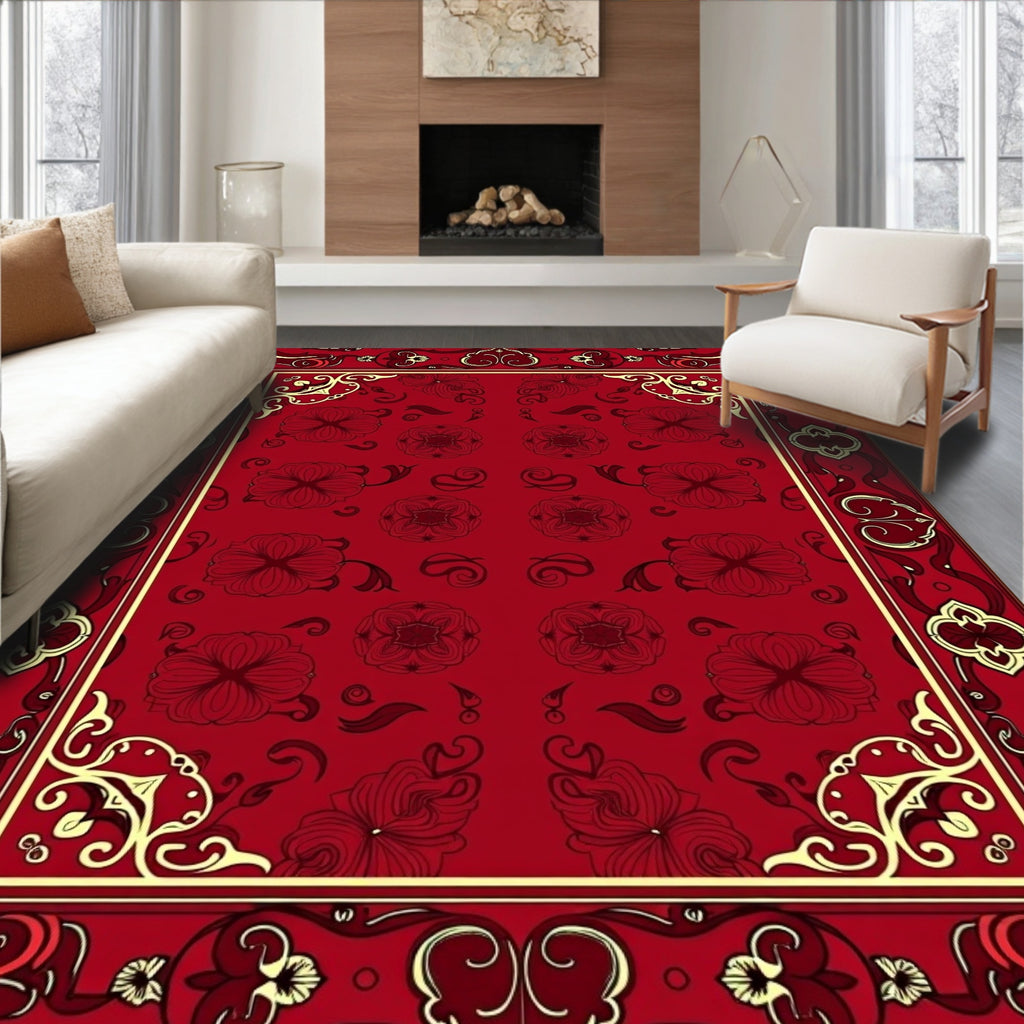 Crimson Floral Bordered Medallion Rug