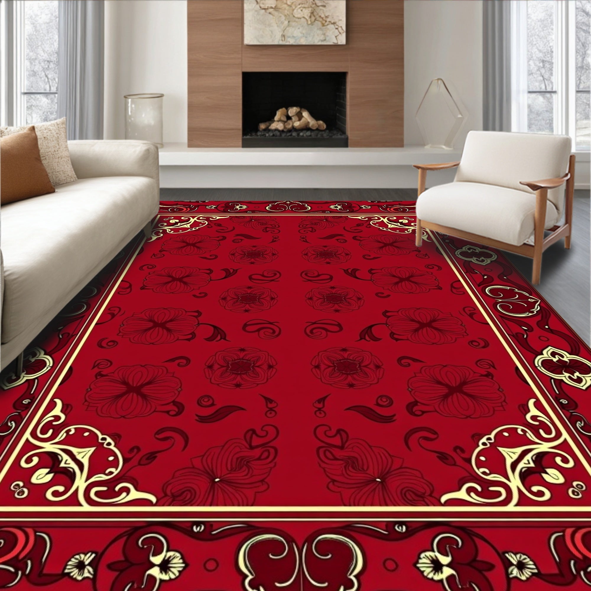 Crimson Floral Bordered Medallion Rug