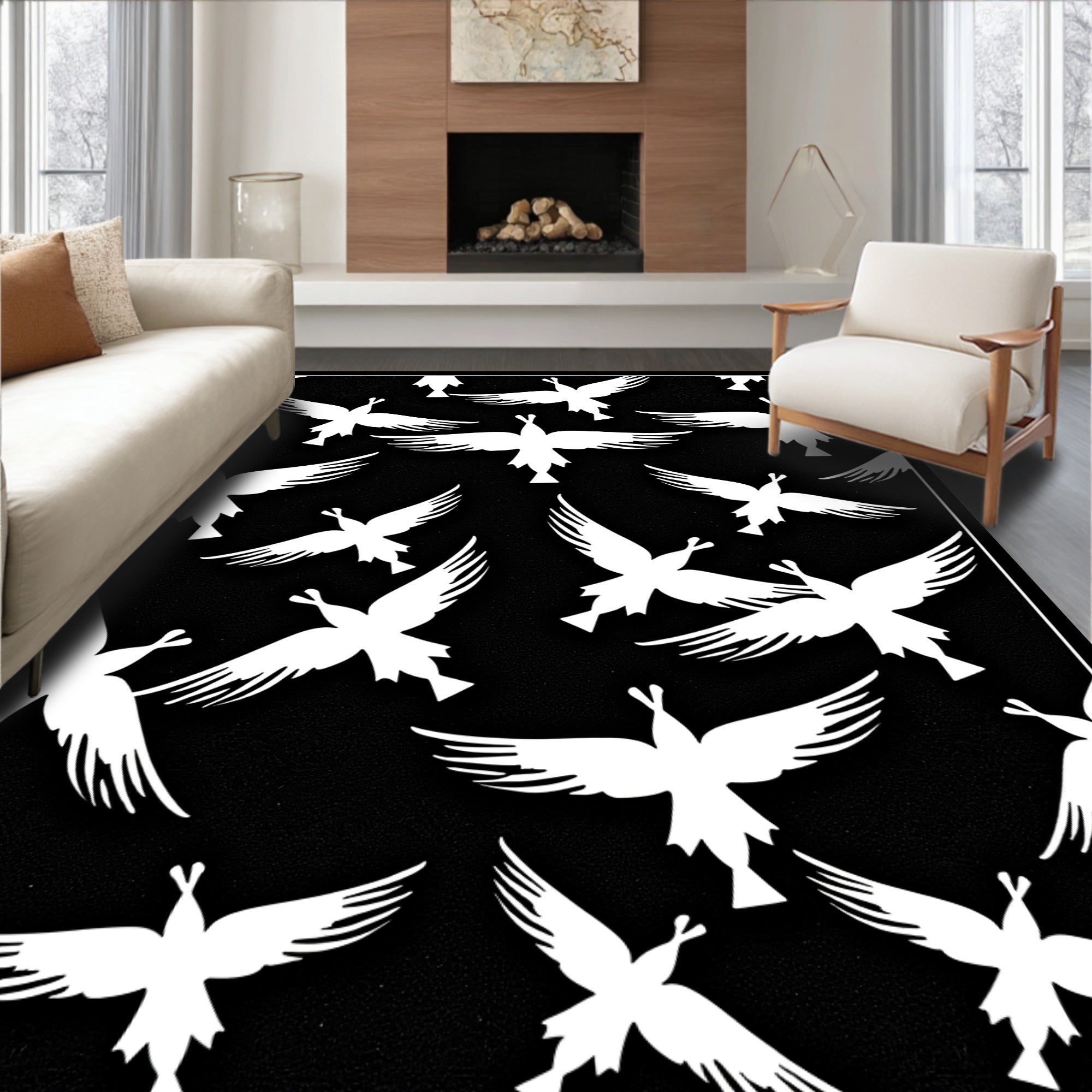 Black White Abstract Flying Birds Rug