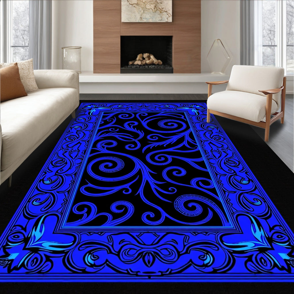 Electric Blue Ornate Scrollwork Rug