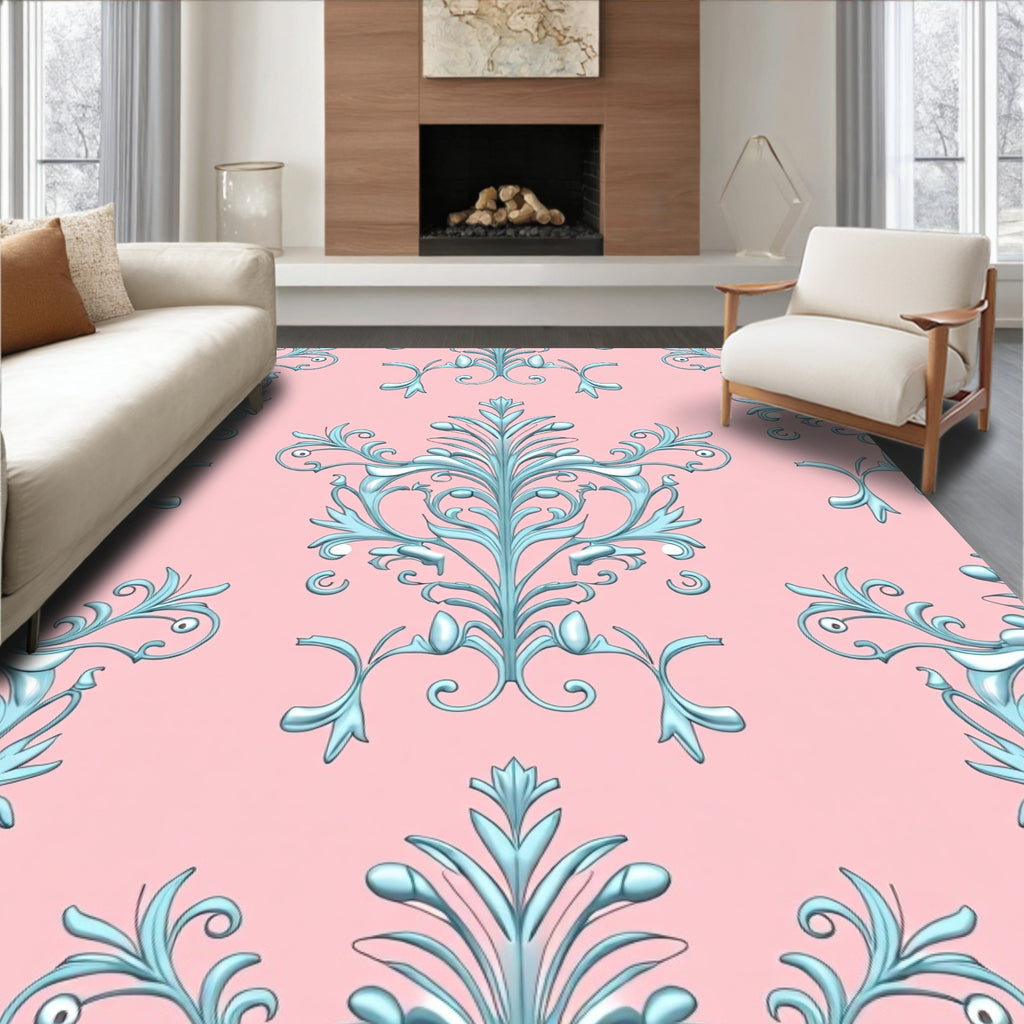 Ornate Aqua Floral Rococo Rug