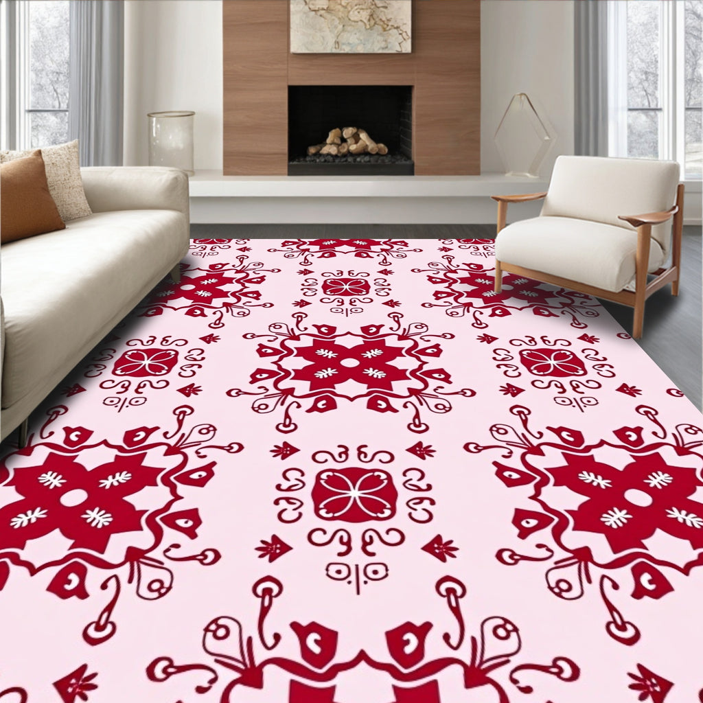 Crimson Floral Medallion Tile Rug