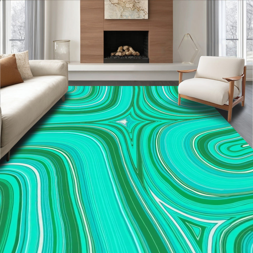 Wavy Teal Emerald Geometric Swirl Rug