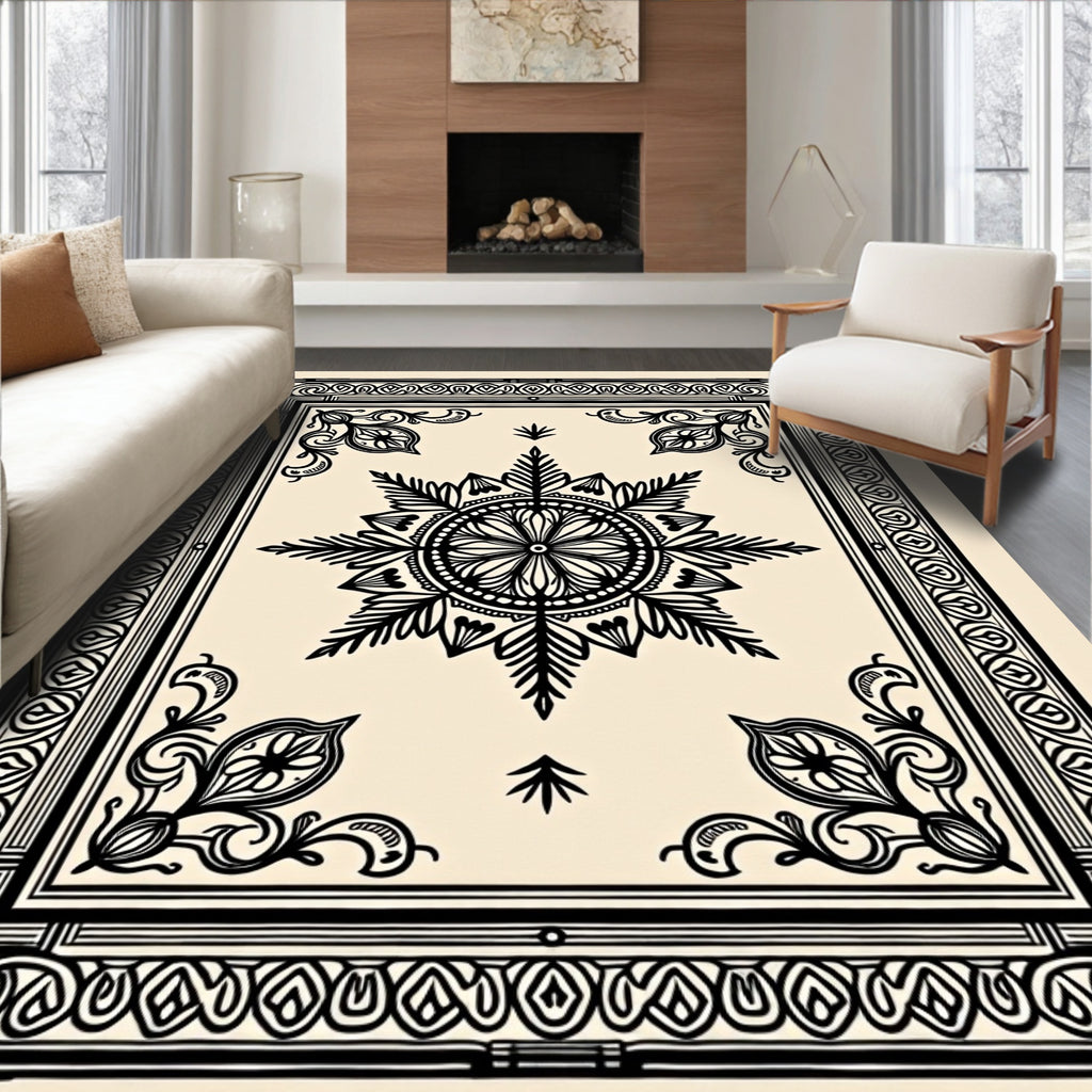 Black And Cream Floral Medallion Border Rug