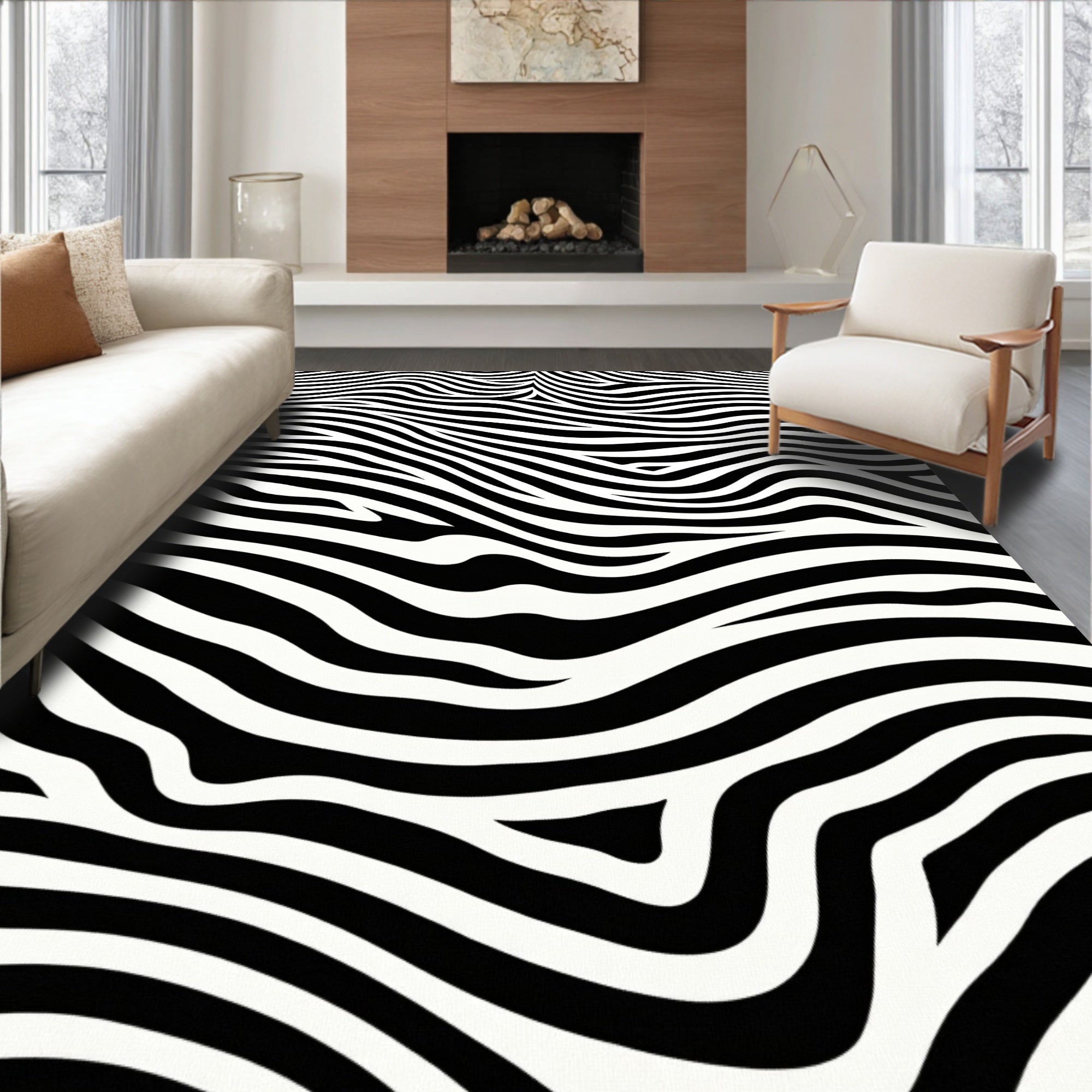 Modern Black White Wave Rug