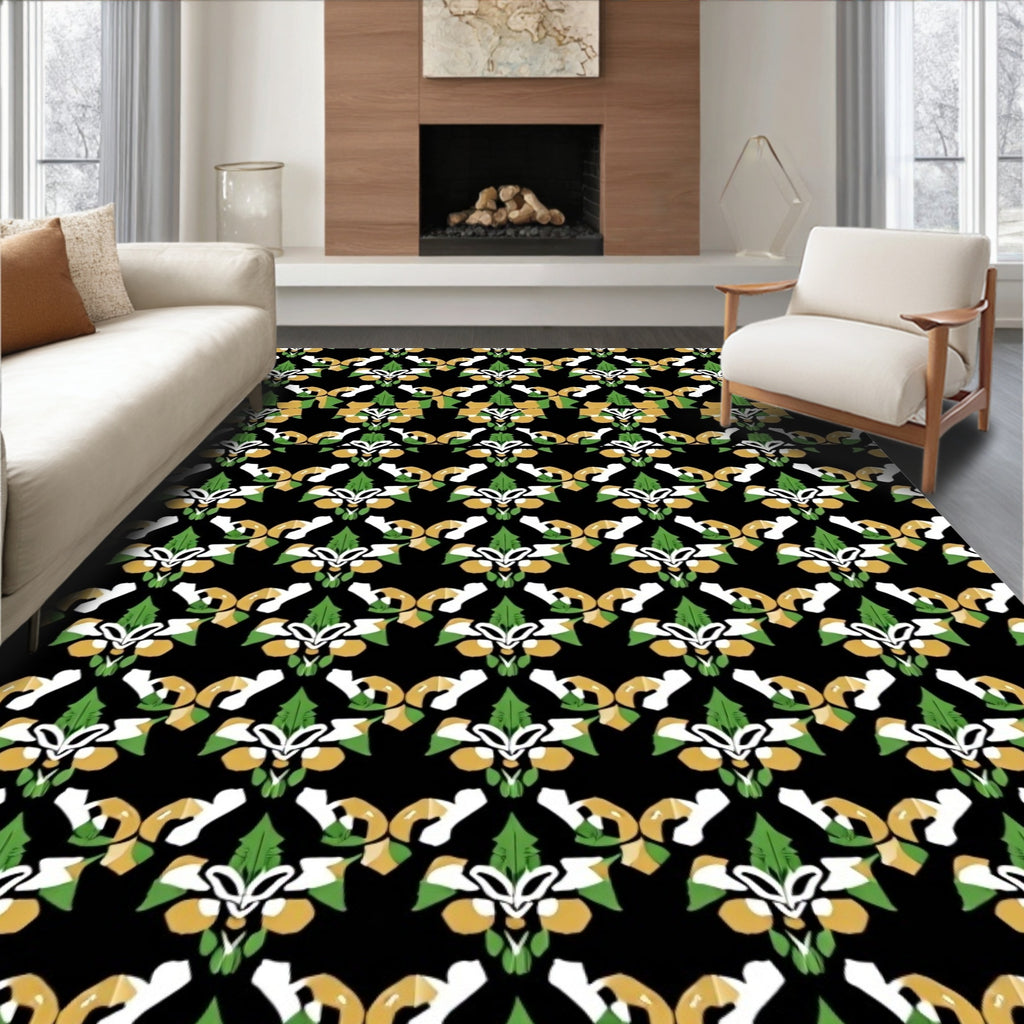 Ornate Black White Green Gold Floral Rug
