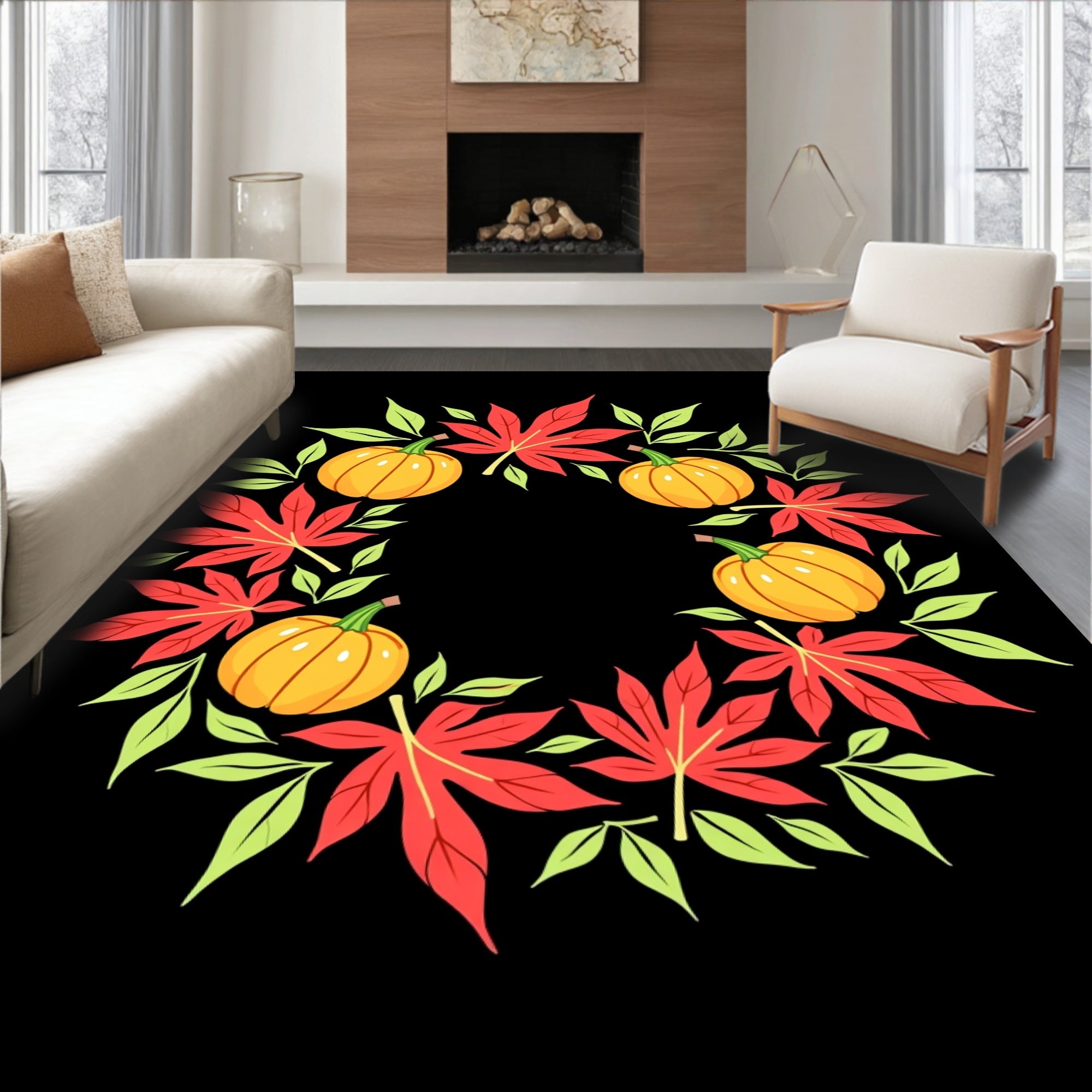 Autumn Pumpkin Maple Wreath Rug