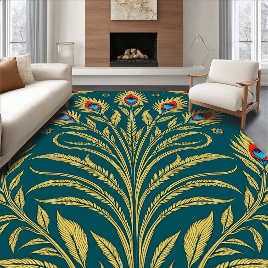 Golden Peacock Feather Teal Medallion Rug
