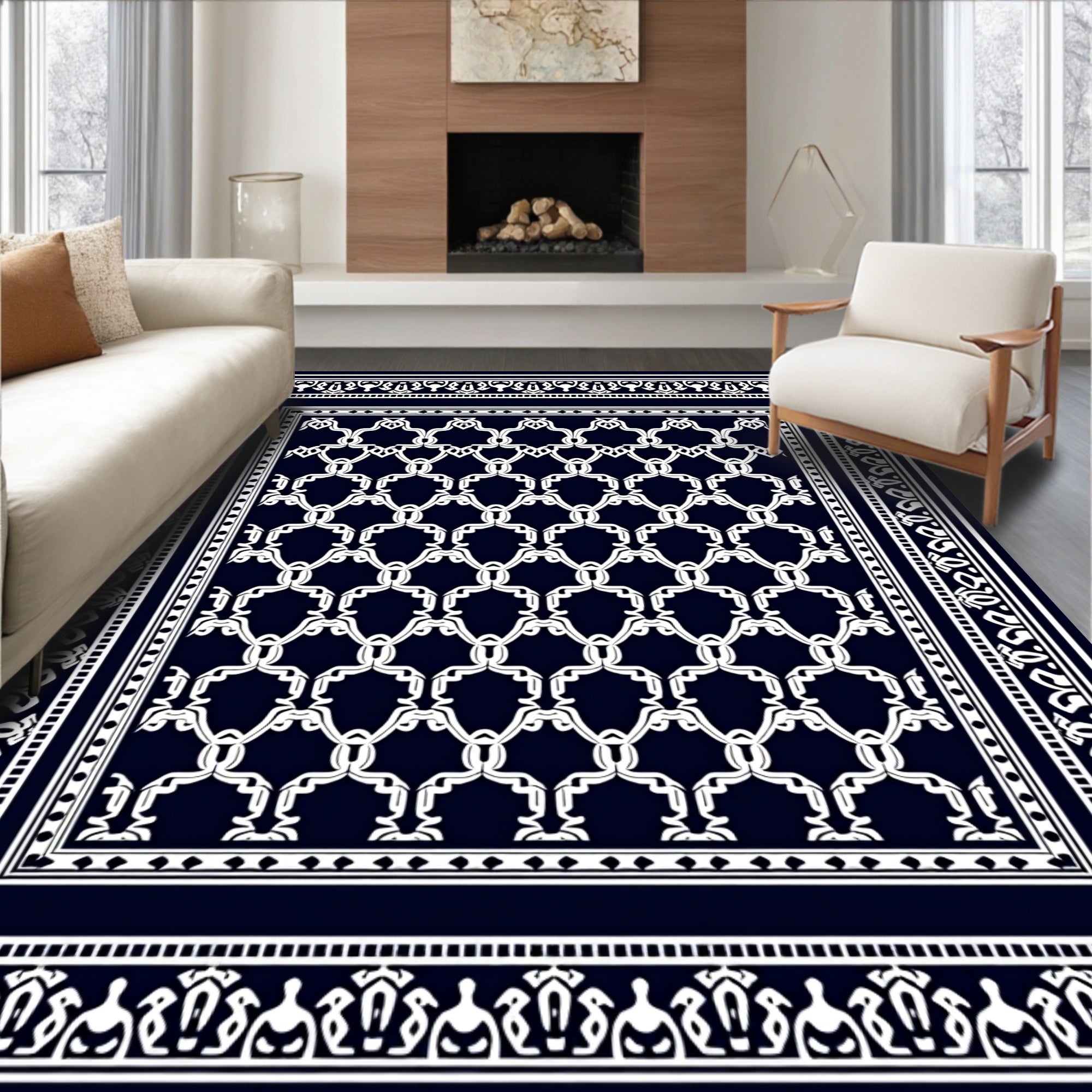 Classic Navy White Interlocking Lattice Rug