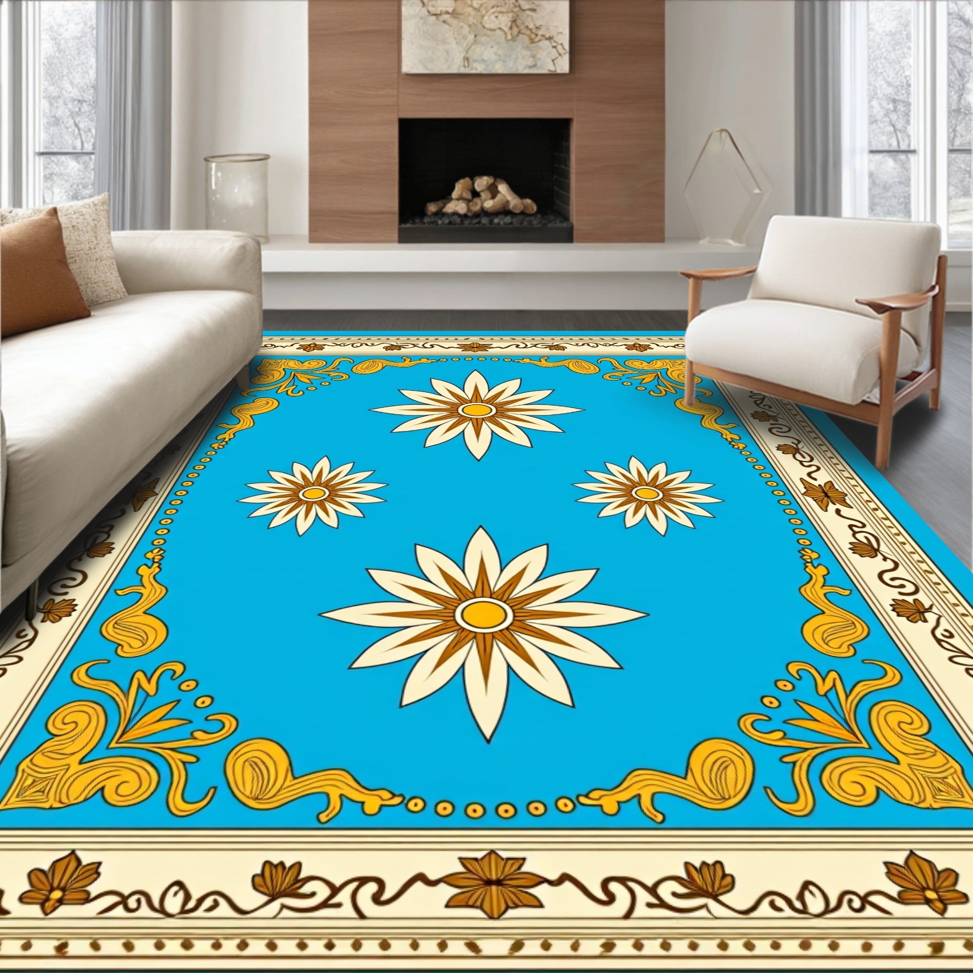 Bright Blue Floral Medallion Border Rug