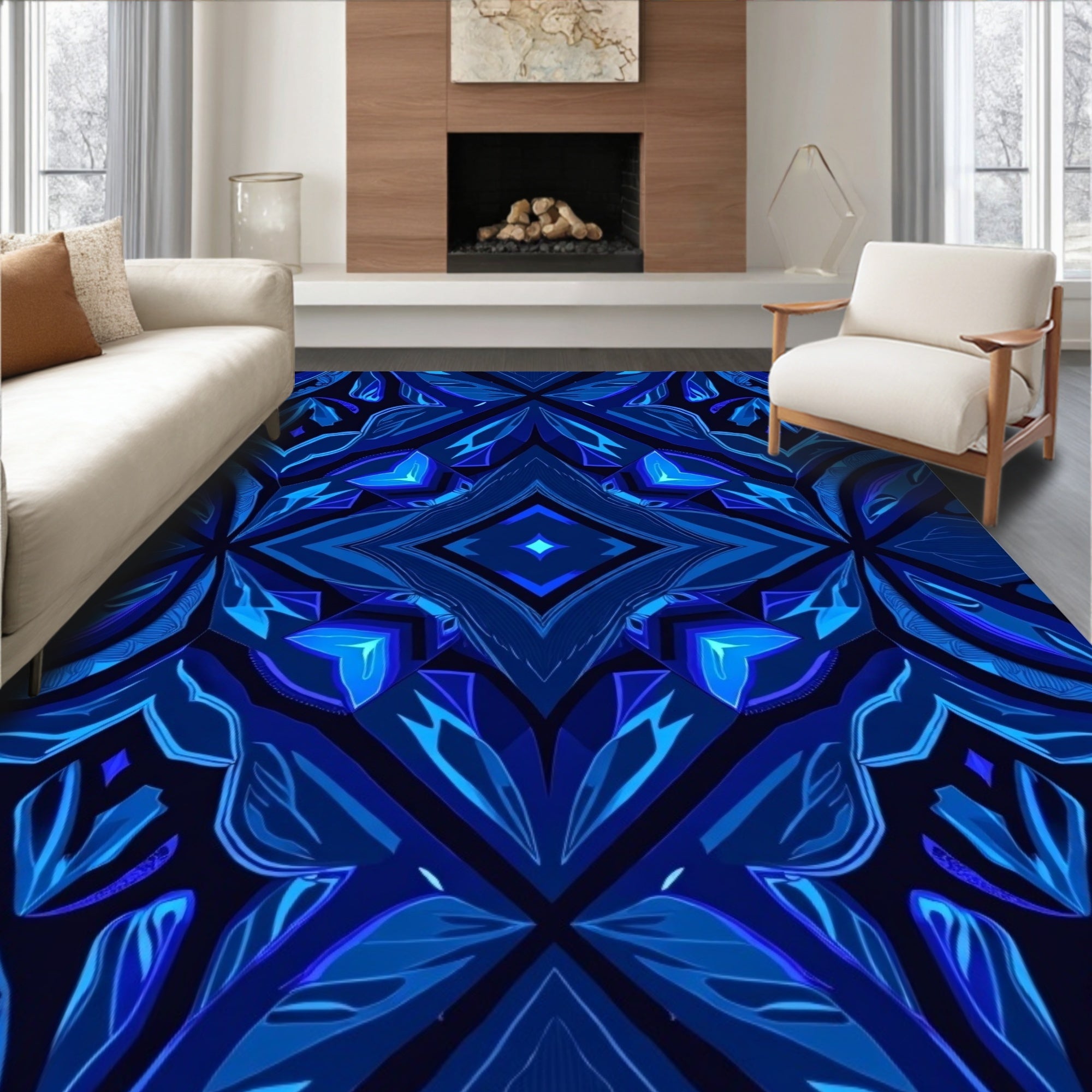 Deep Sapphire Geometric Crystal Blossom Rug