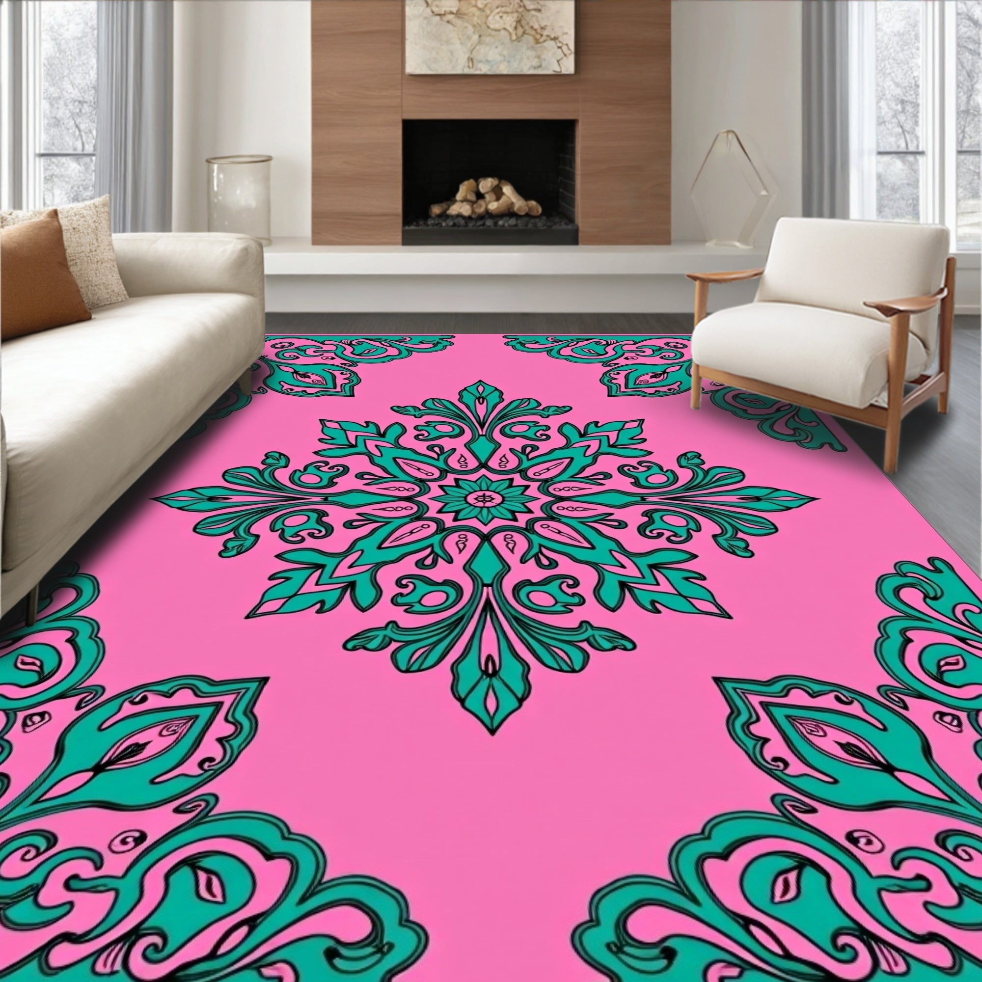 Pink Teal Floral Medallion Corners Rug