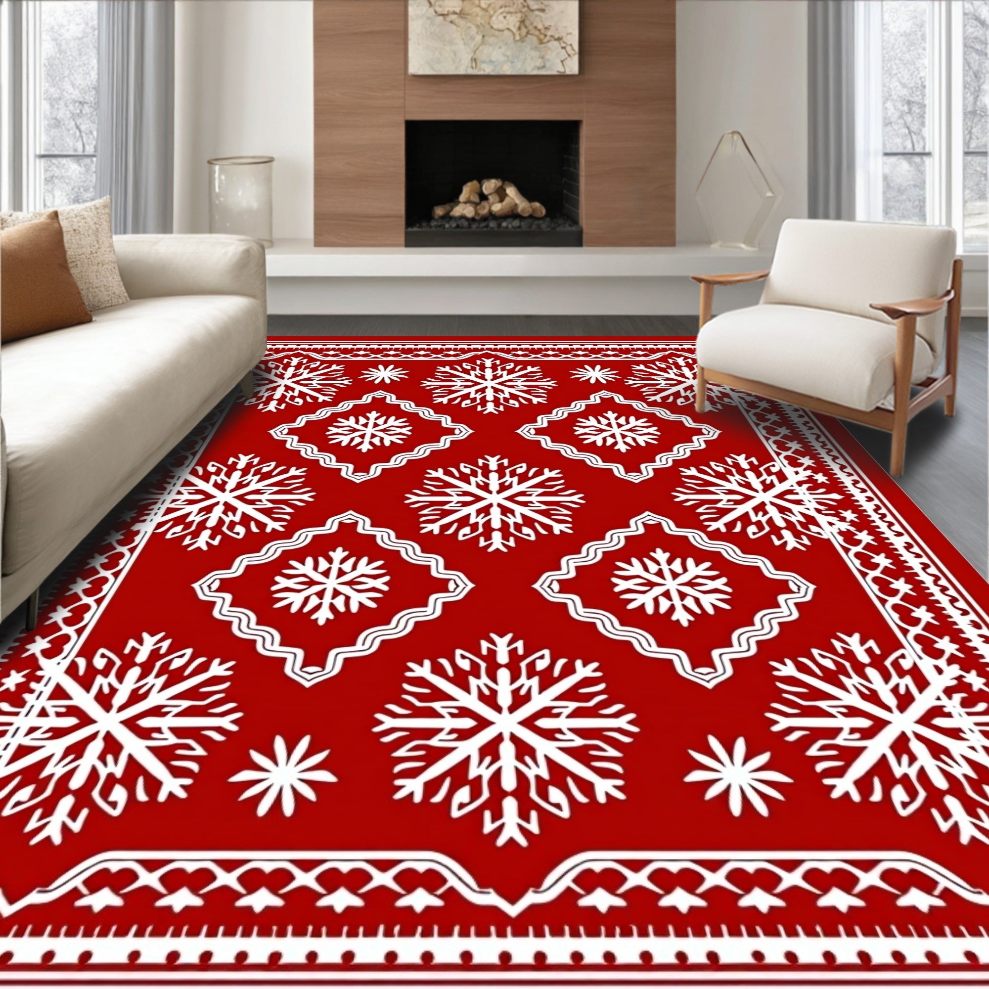 Crimson Red Snowflake Medallion Rug