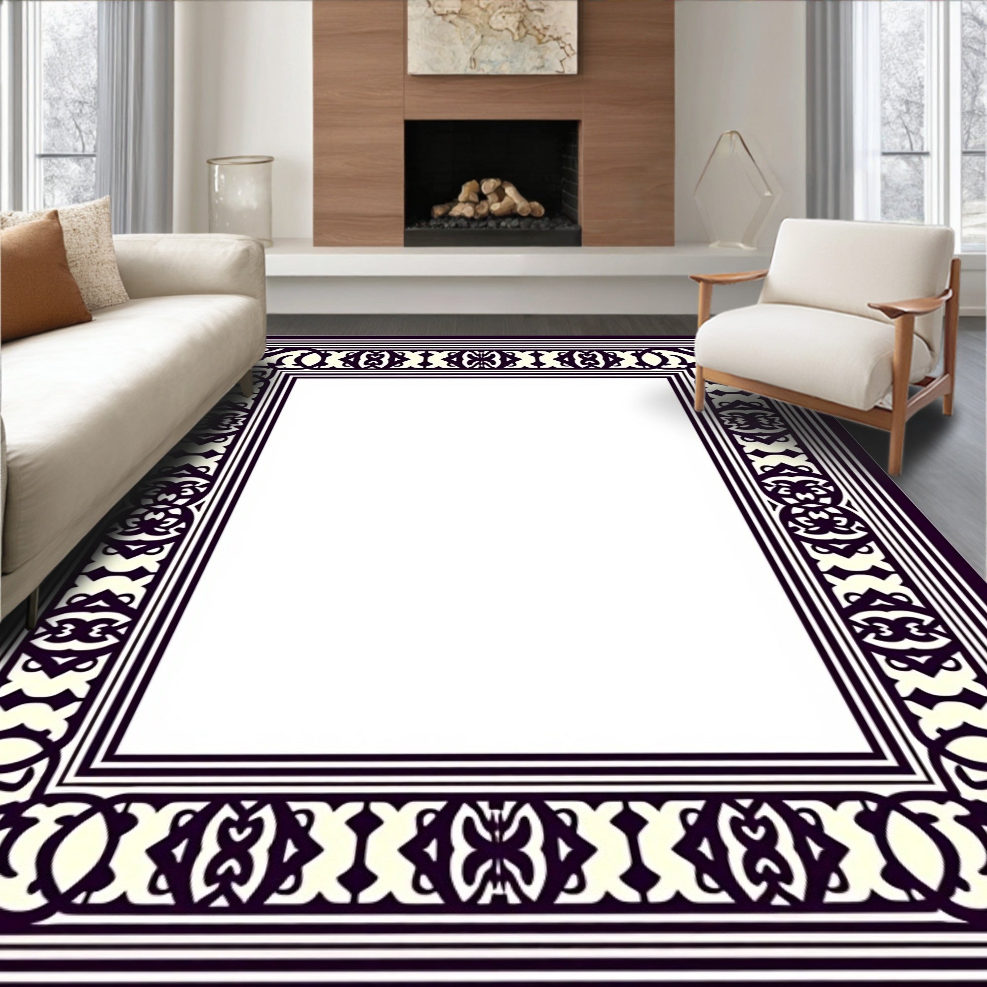 Classic Cream Dark Purple Border Rug