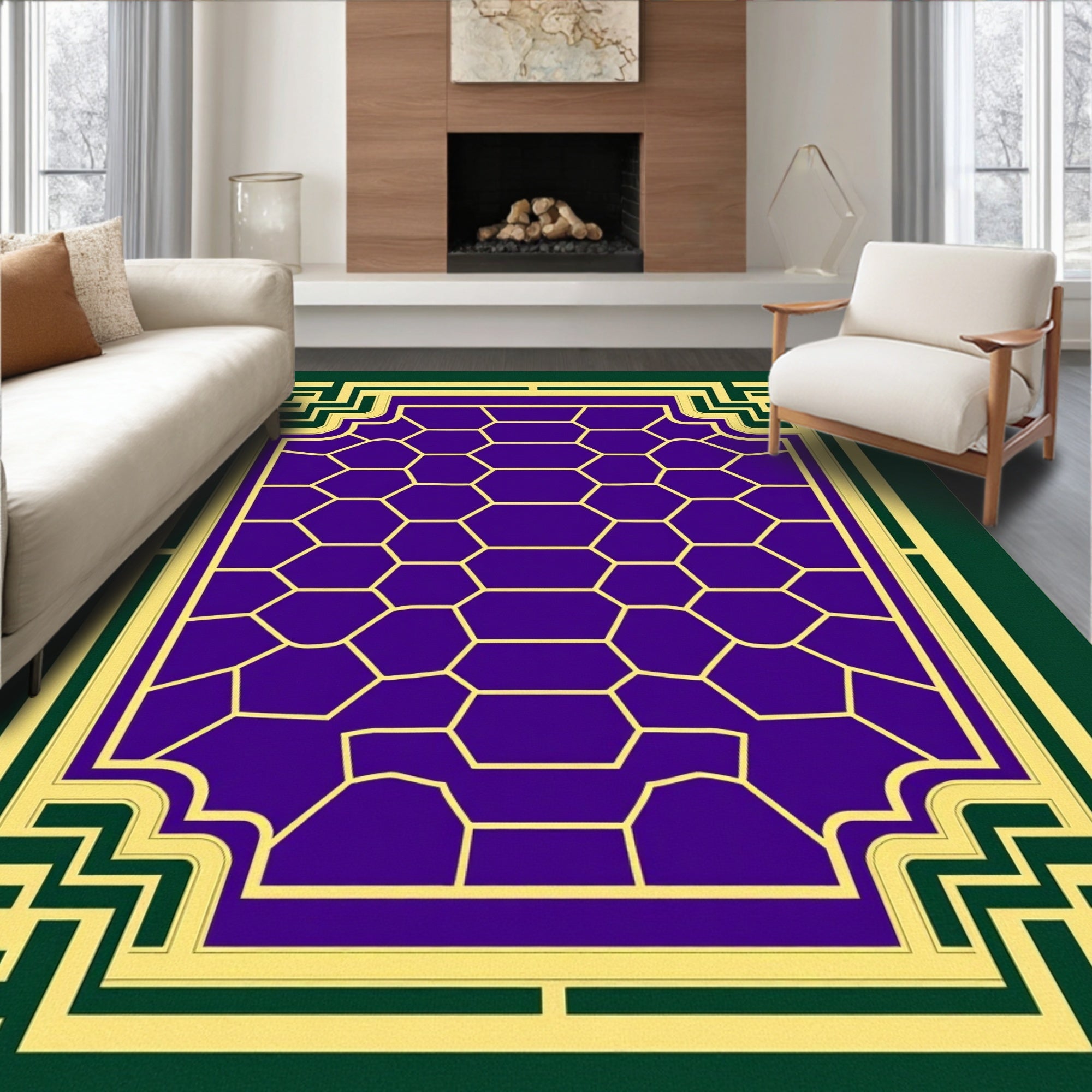 Deep Purple Hexagon Geometric Border Rug