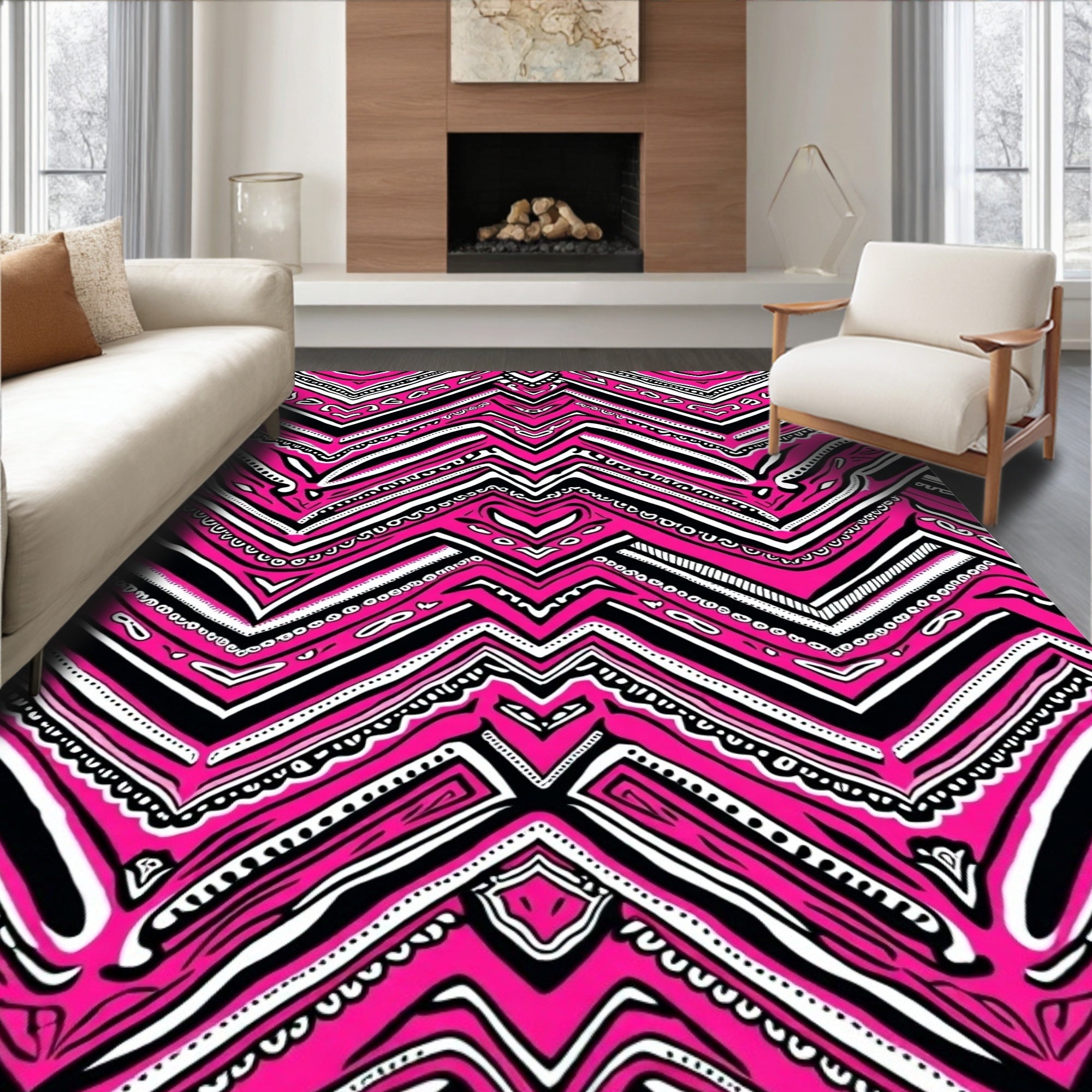 Fuchsia Black White Zigzag Stripe Rug