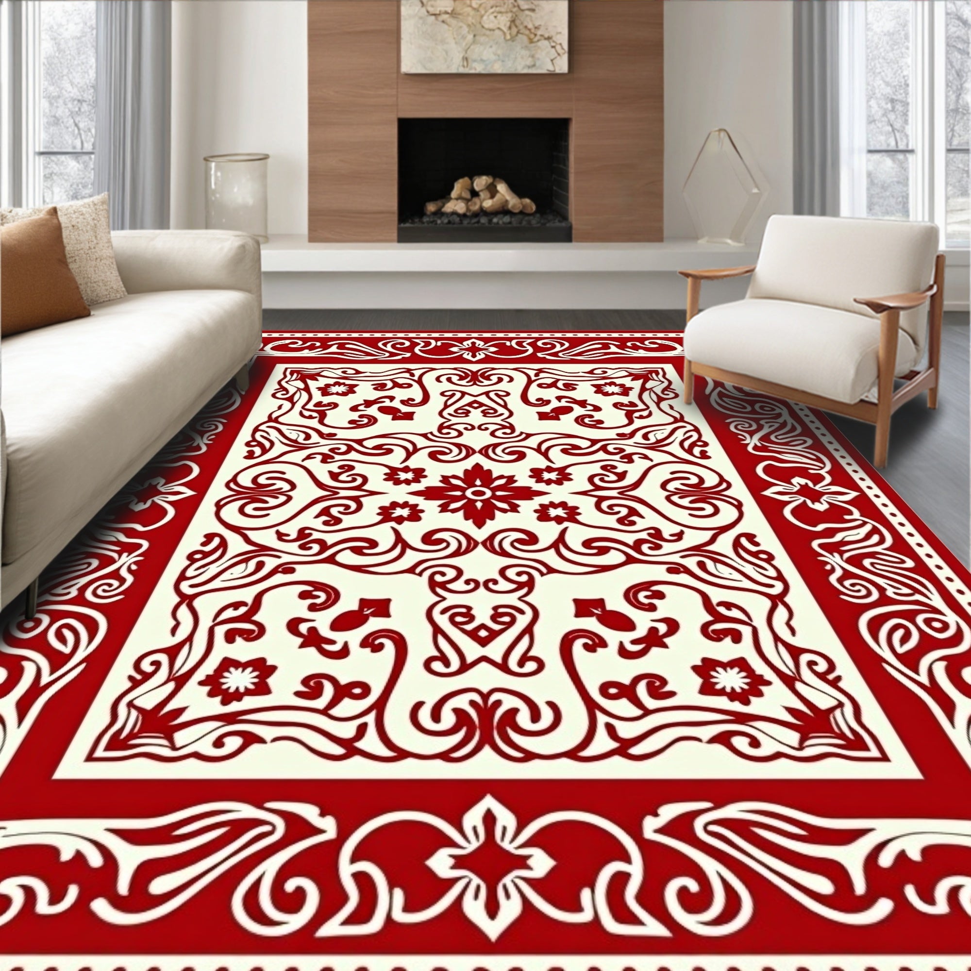 Classic Red Cream Floral Medallion Rug