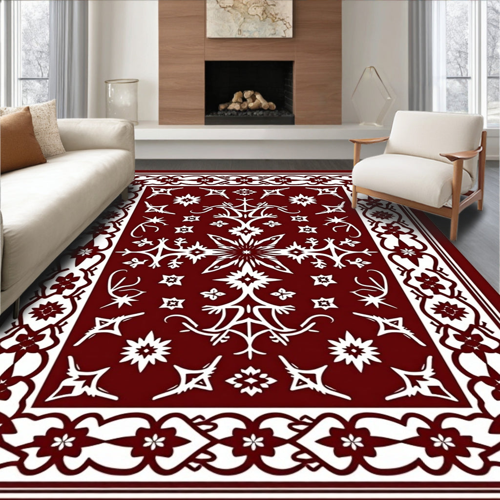 Deep Red White Floral Medallion Traditional Rug