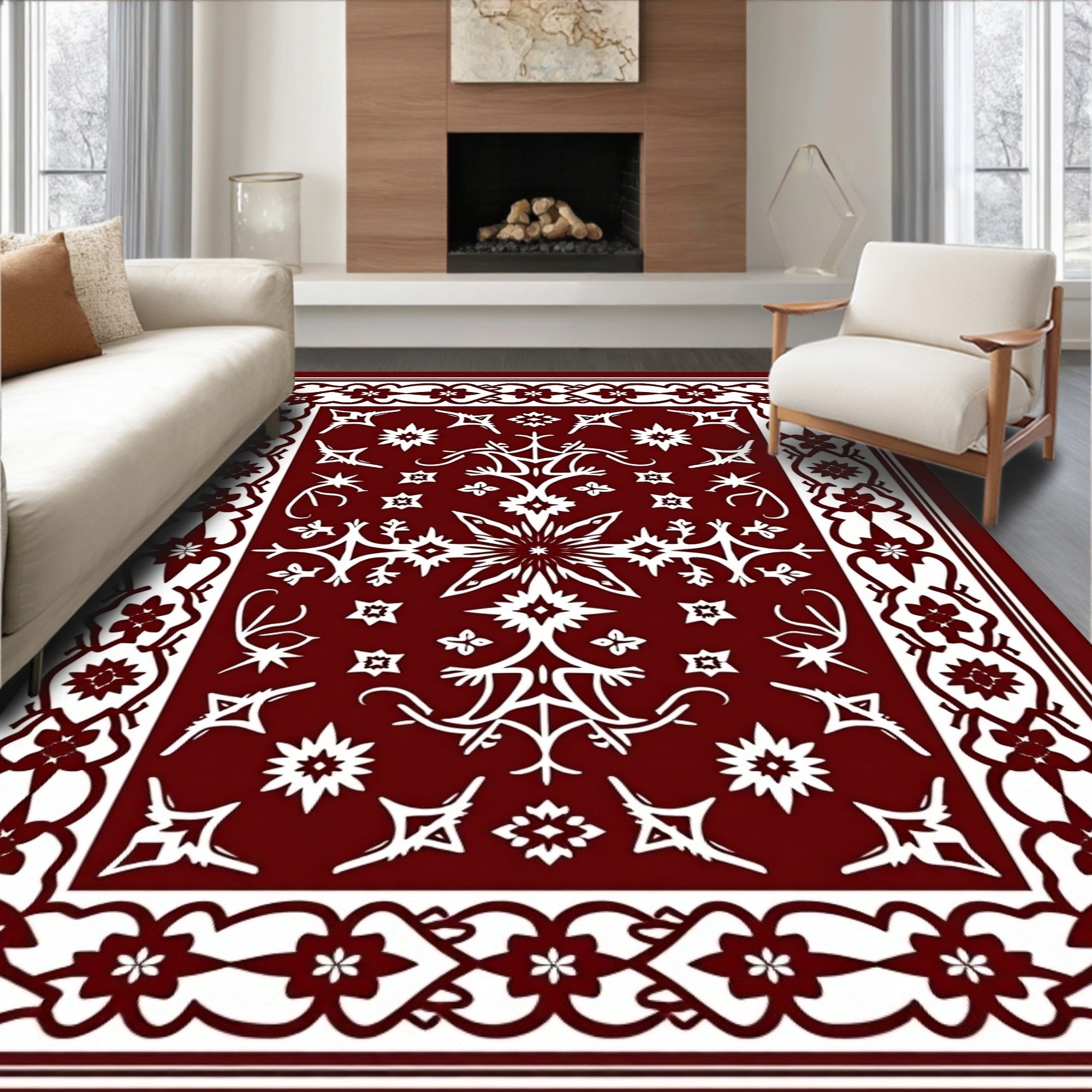 Deep Red White Floral Medallion Traditional Rug