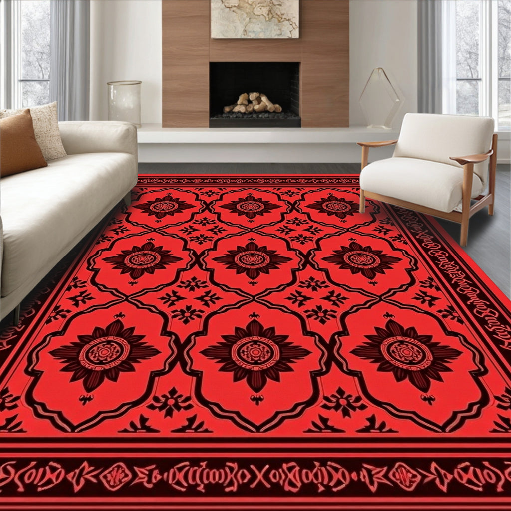 Bold Red Floral Medallion Border Rug