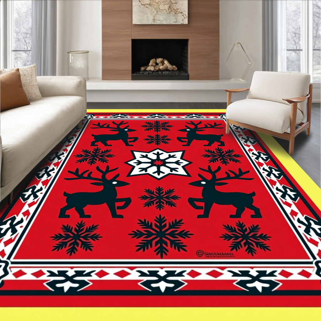 Red Reindeer Snowflake Folk Art Rug