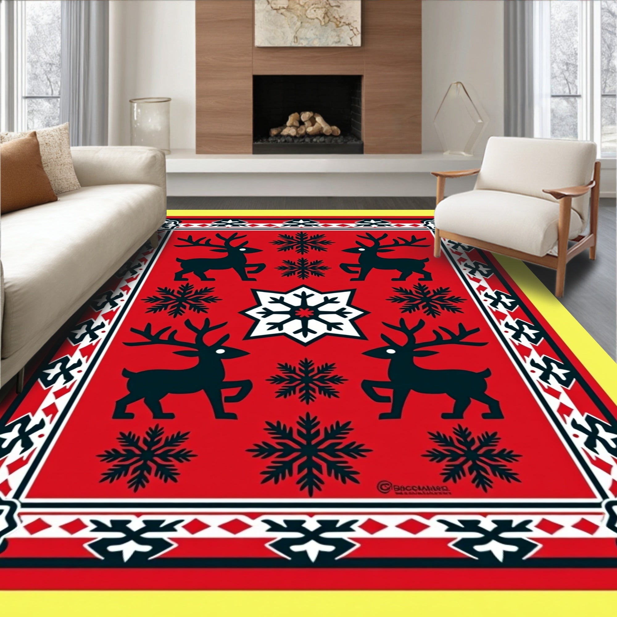 Red Reindeer Snowflake Folk Art Rug