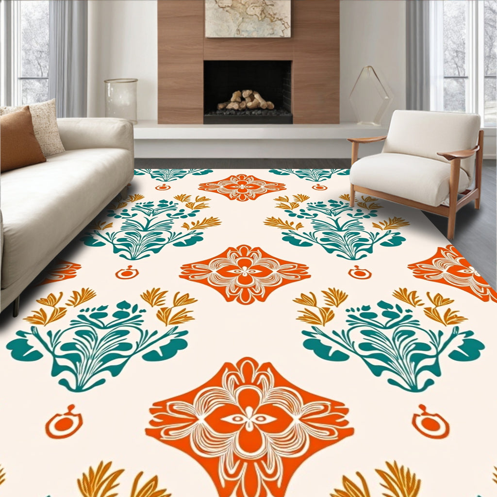 Orange Teal Floral Garden Damask Rug
