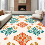 Orange Teal Floral Garden Damask Rug