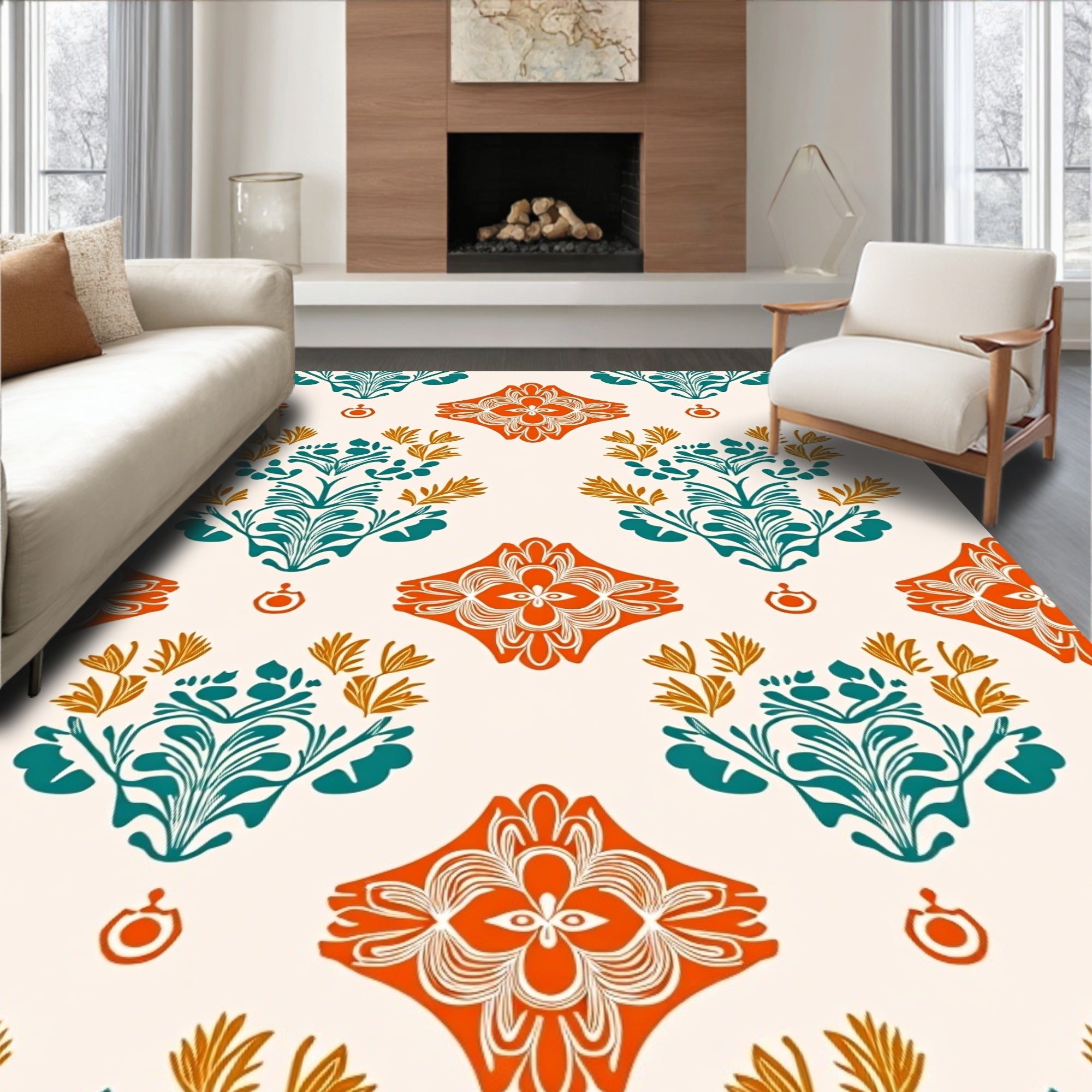 Orange Teal Floral Garden Damask Rug