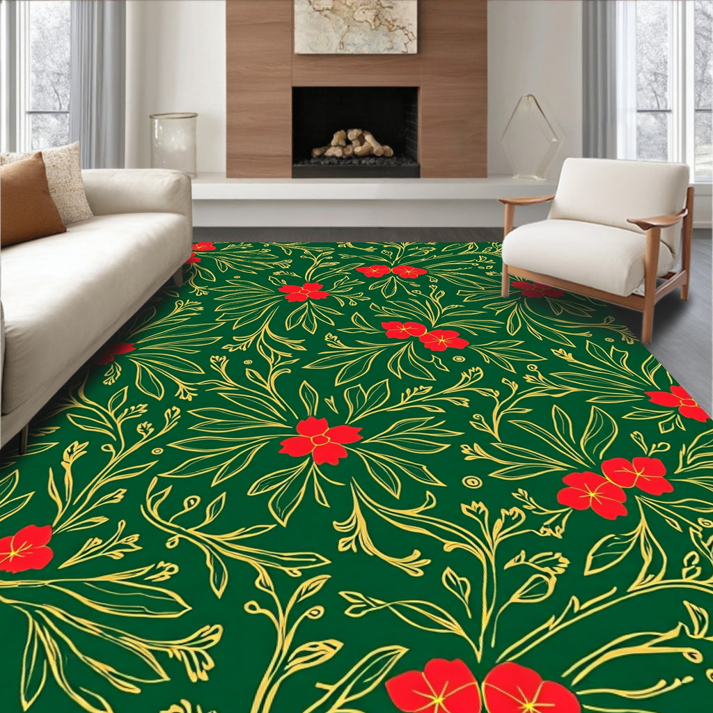 Rich Emerald Red Floral Vine Rug