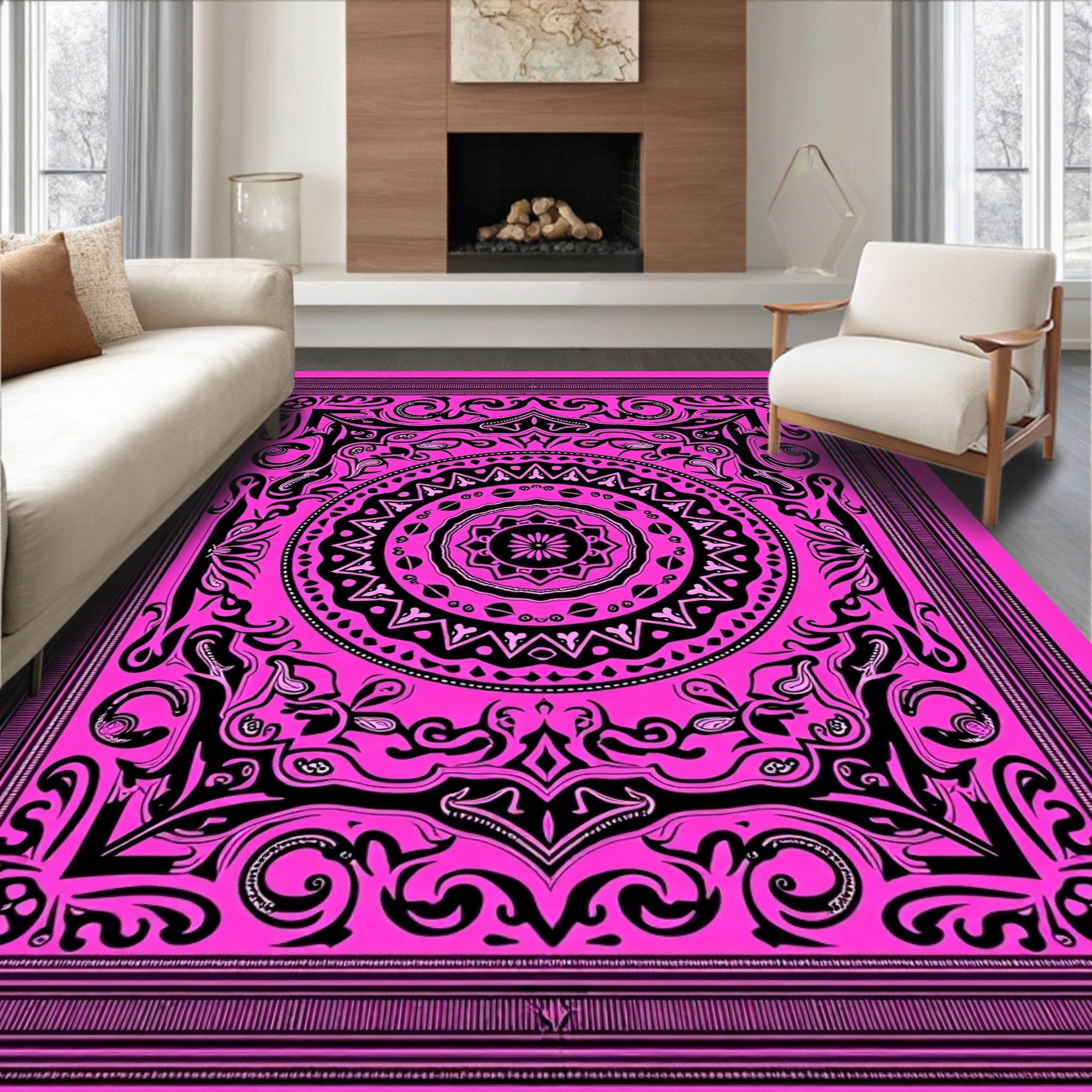Hot Pink Symmetrical Mandala Flourish Rug