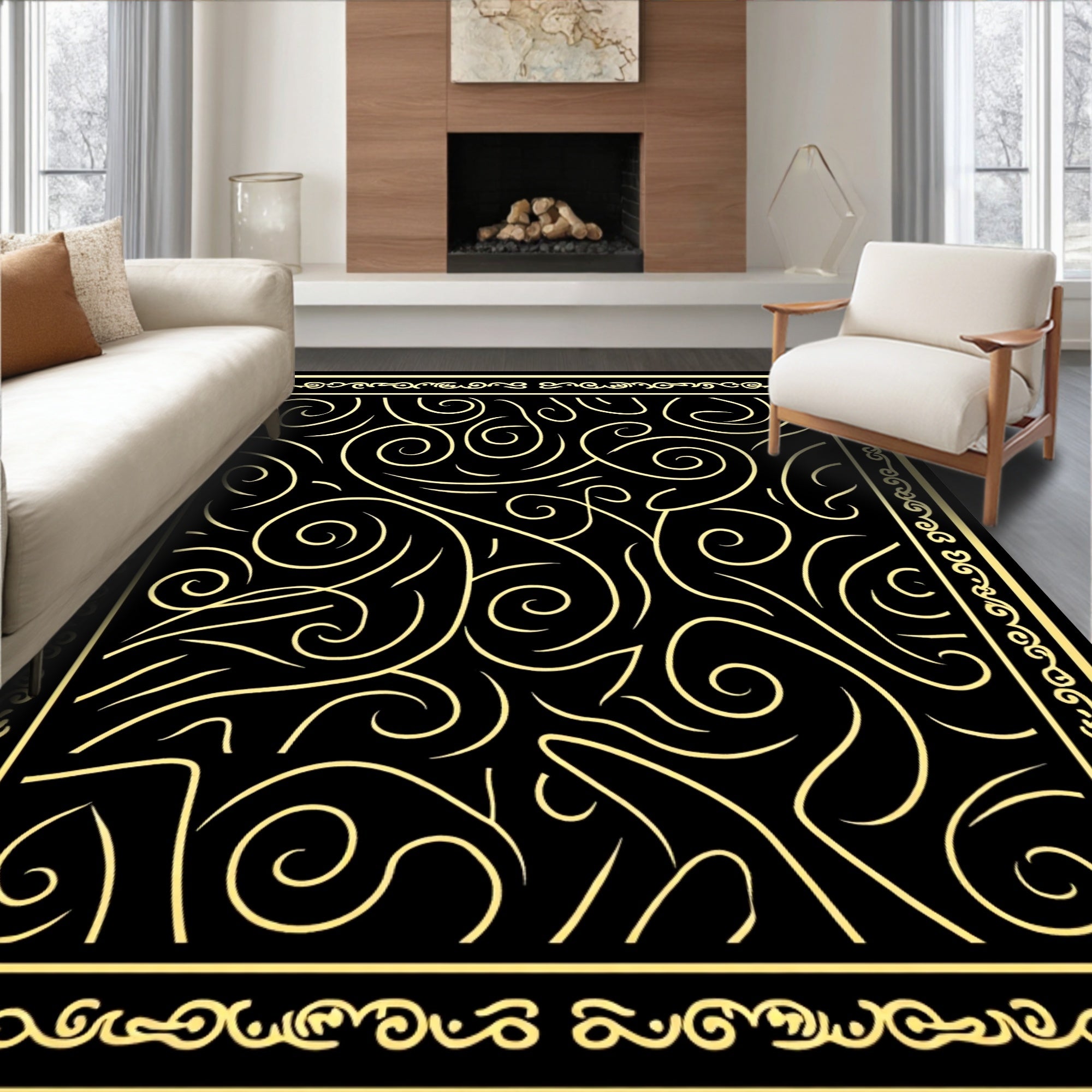 Gold Swirl Black Abstract Border Rug
