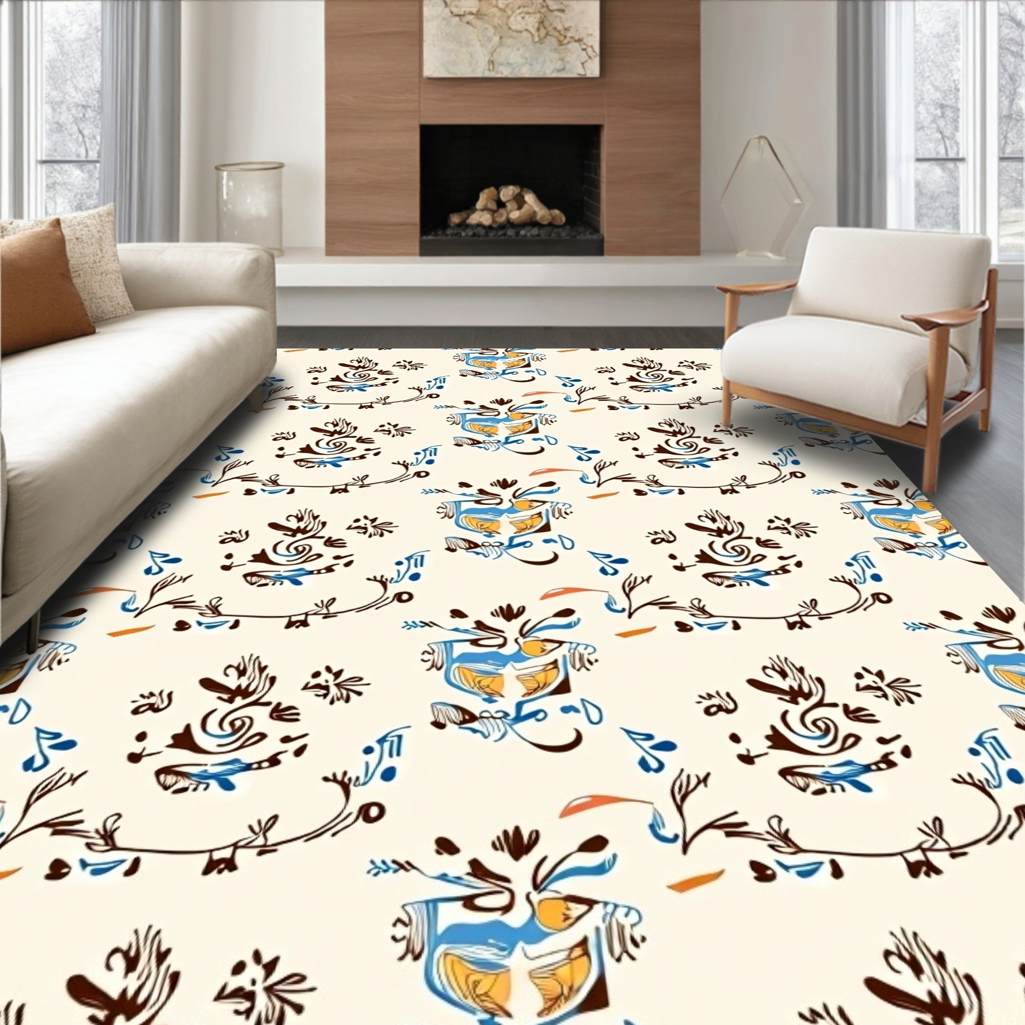 Cream Blue Orange Abstract Swirls Rug