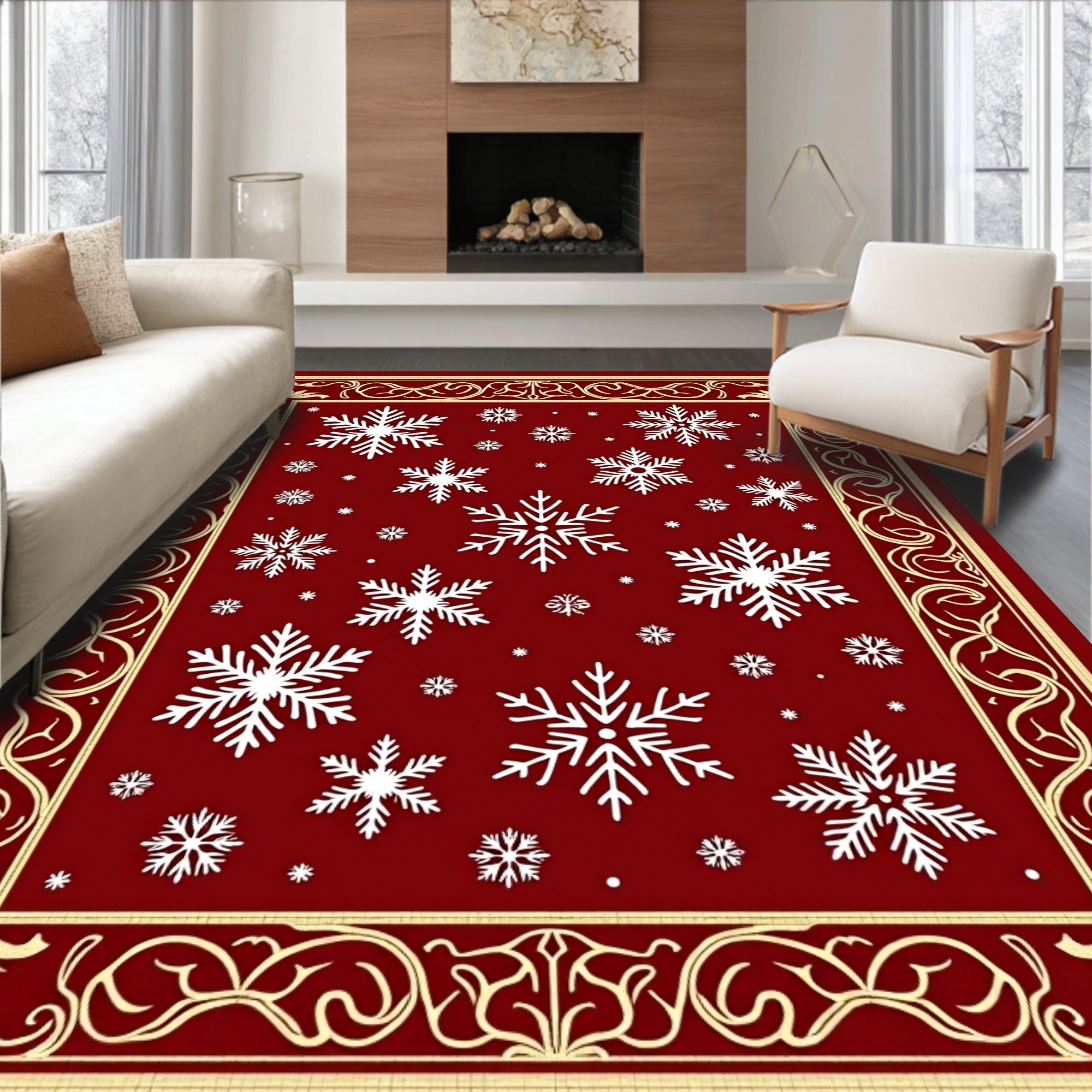 Crimson Snowflake Border Rug