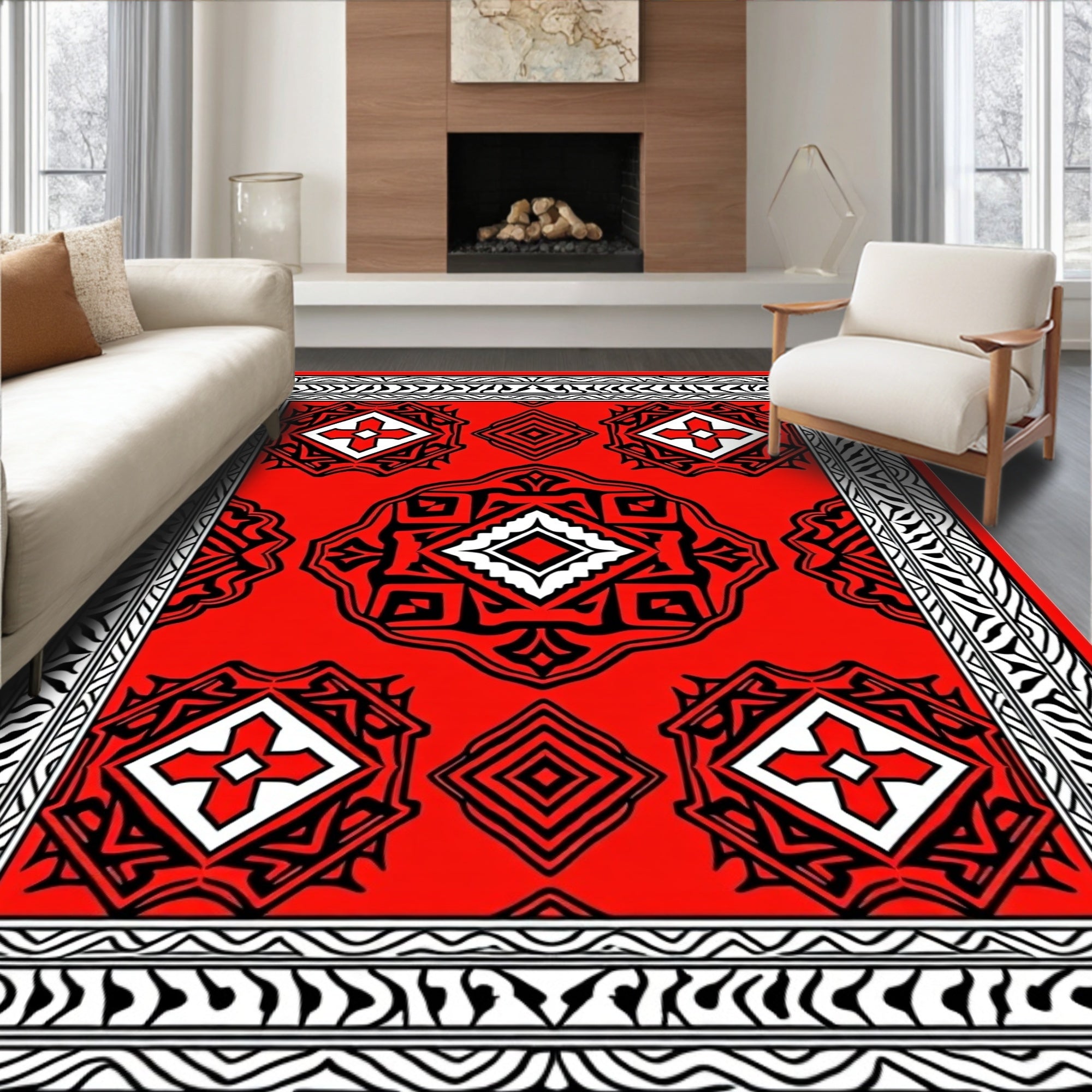 Bold Red Geometric Star Medallion Rug