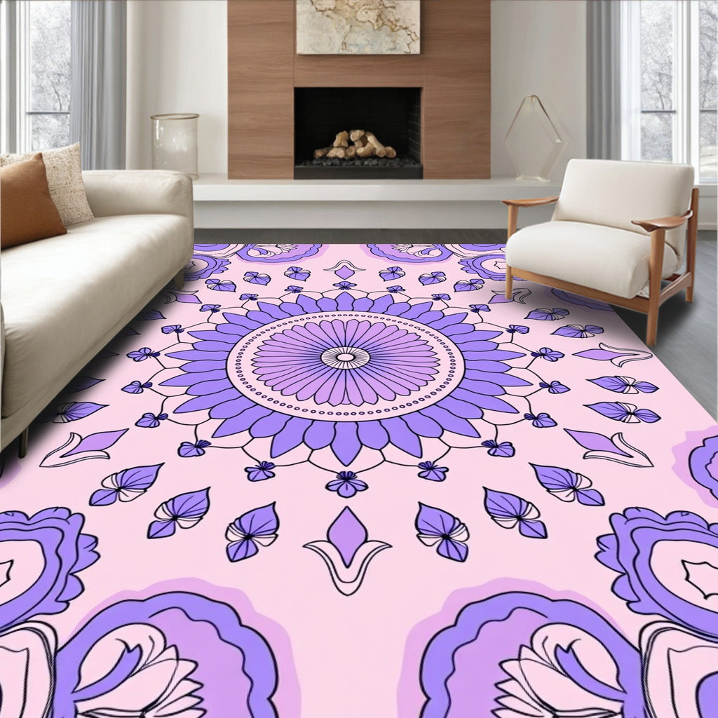 Purple Petal Mandala With Leaves Rug