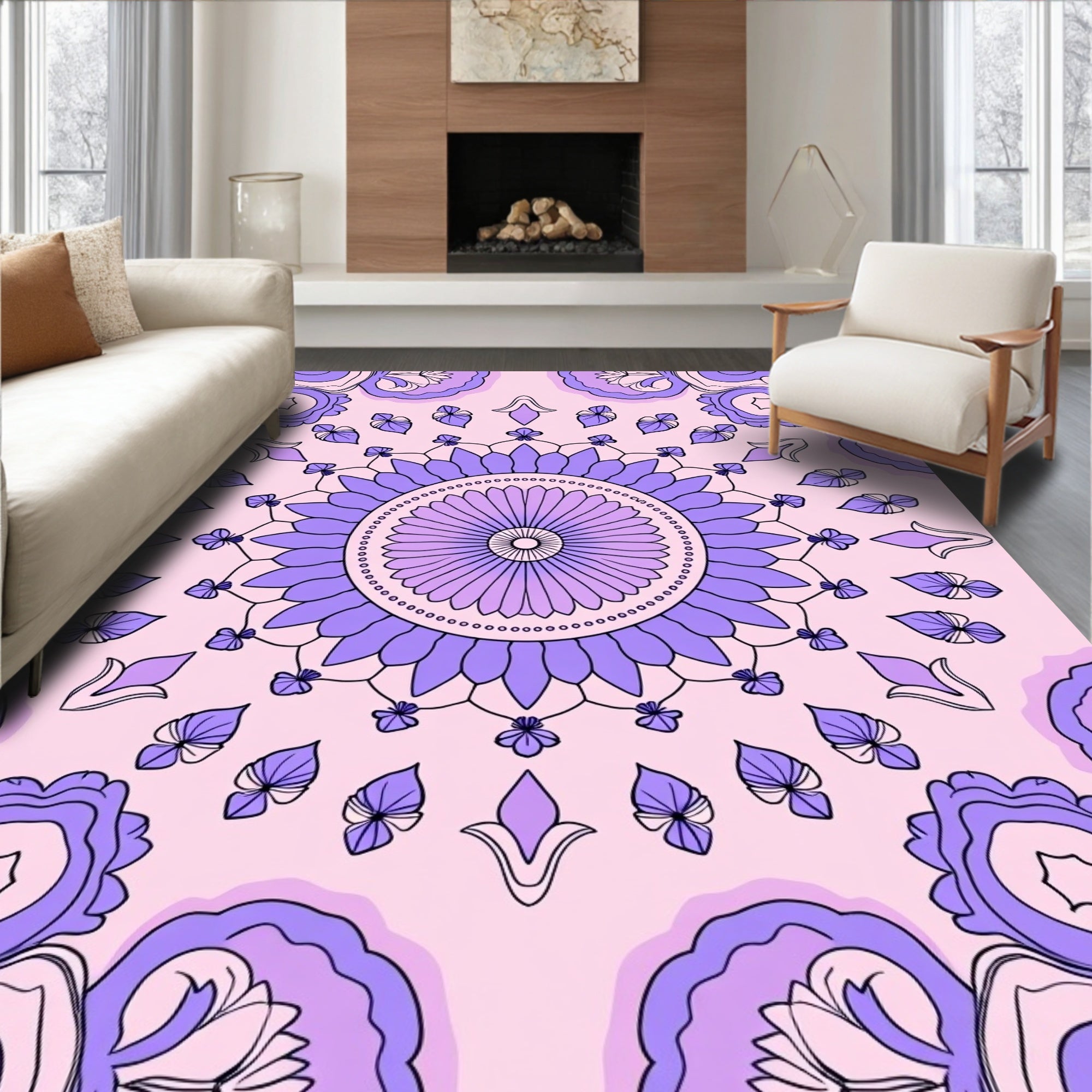Purple Petal Mandala With Leaves Rug