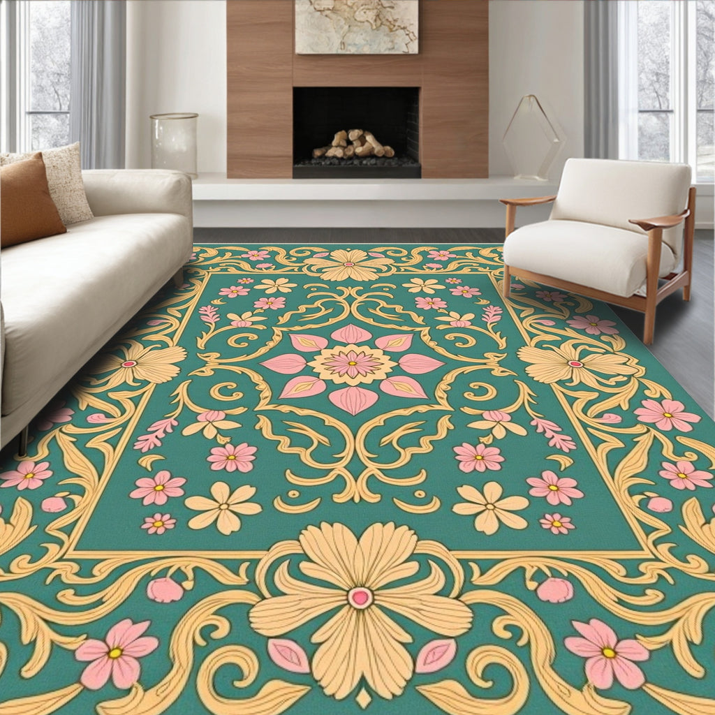 Teal Floral Garden with Pink Accents Rug
