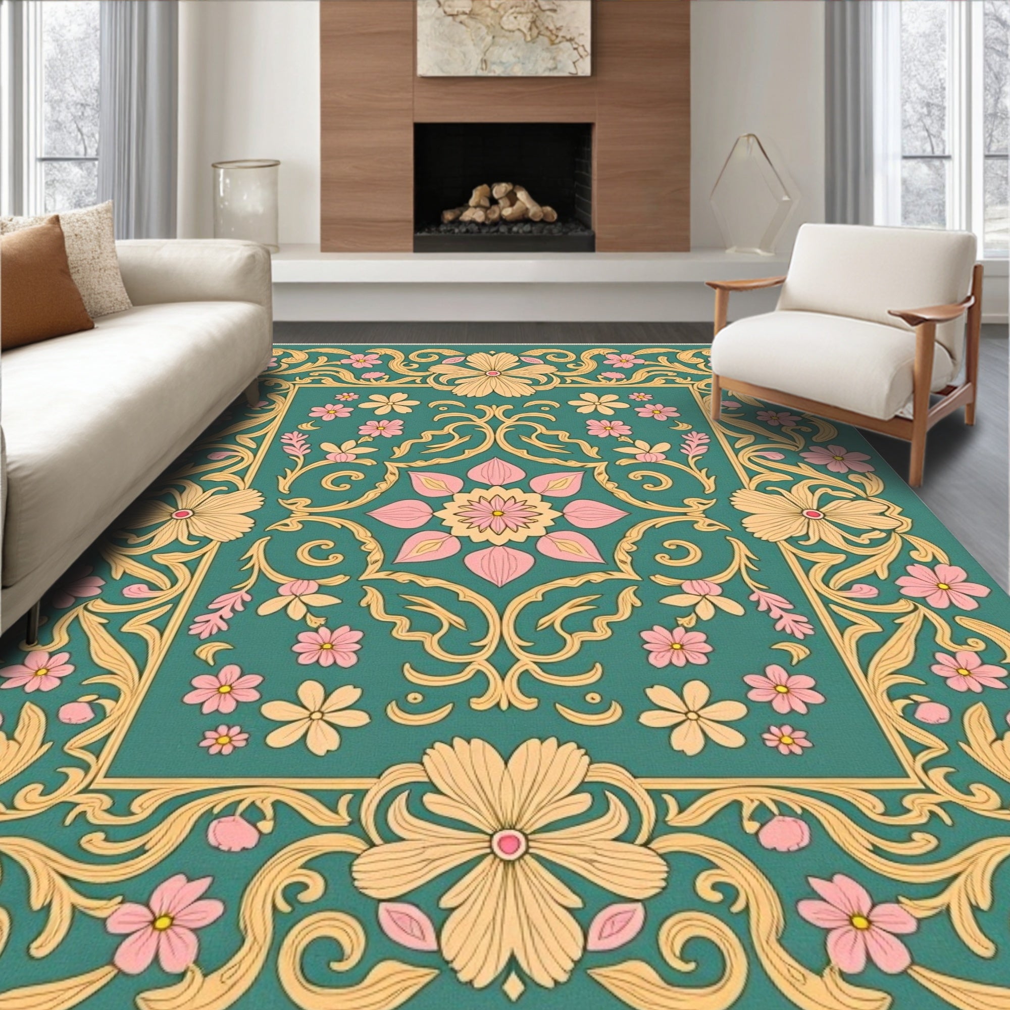 Teal Floral Garden with Pink Accents Rug