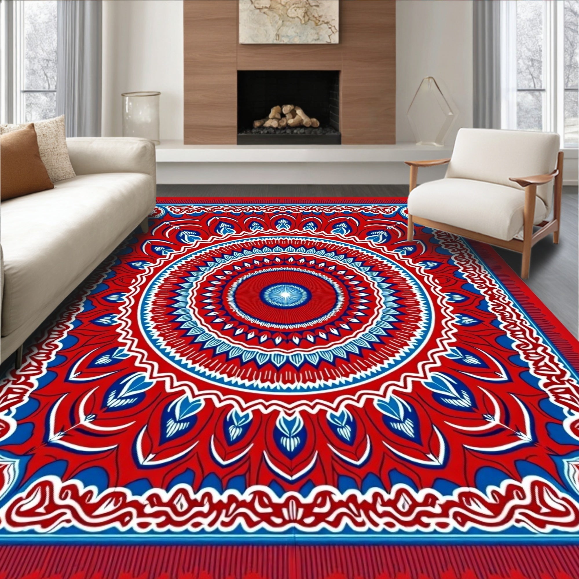 Vibrant Red Blue Mandala Medallion Rug